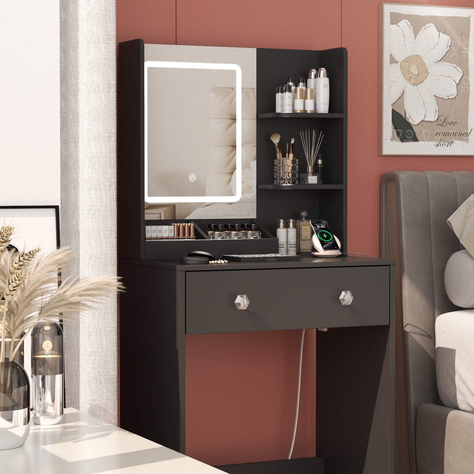 Small Makeup Vanity Desk with LED Mirror and Power Outlet 24" Black Dressing Table with 2 Drawers 3 Storage Shelves Modern Bedroom Vanity for Girls