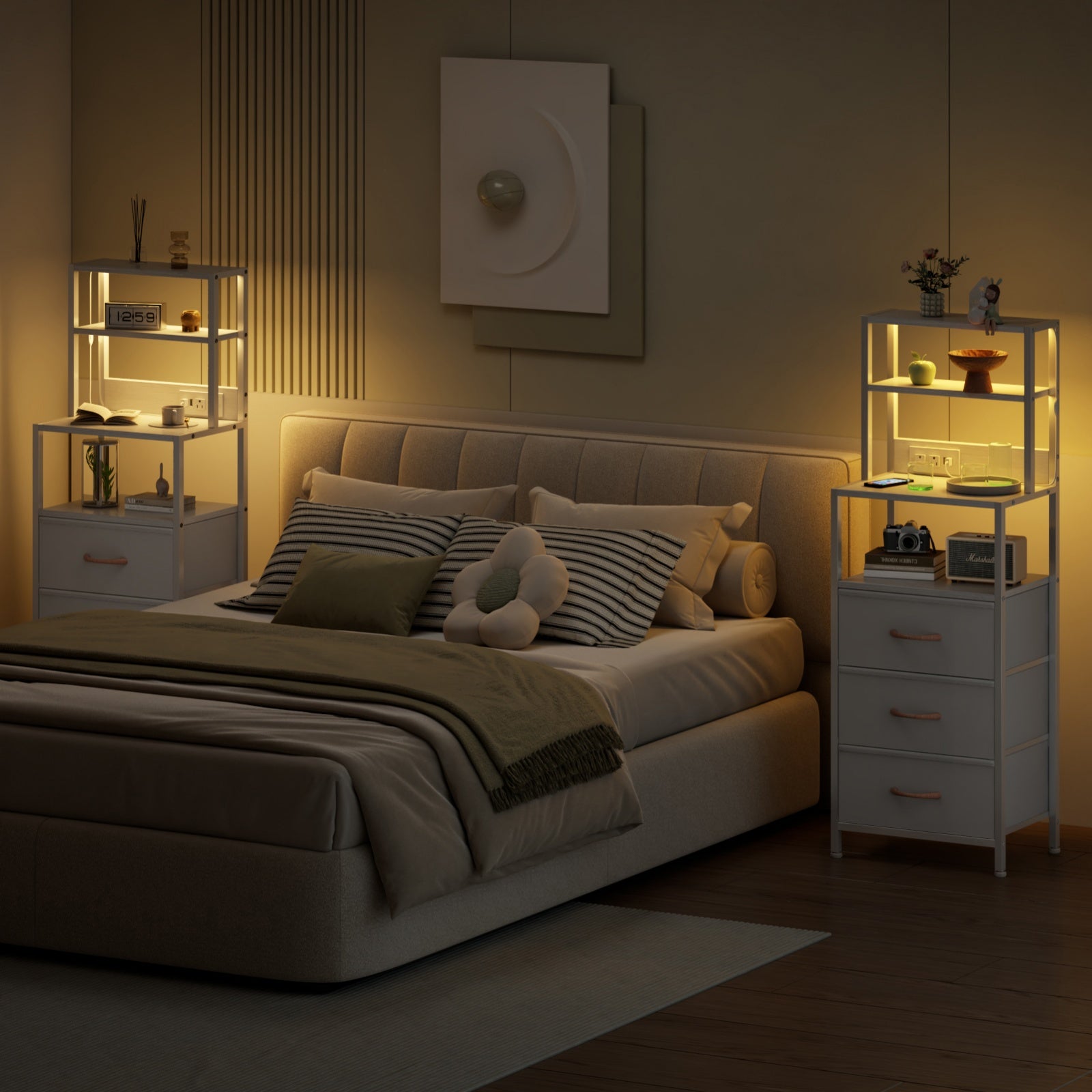 Furnulem Night Stand, Tall Nightstand with 4-Tier Shelves and 3 Fabric Drawers