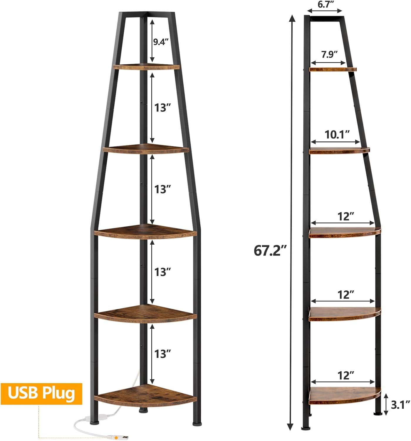 Furnulem 67” LED Corner Shelf, 5-Tier Narrow Bookshelf & Storage Rack for Bedroom, Living Room, Plants