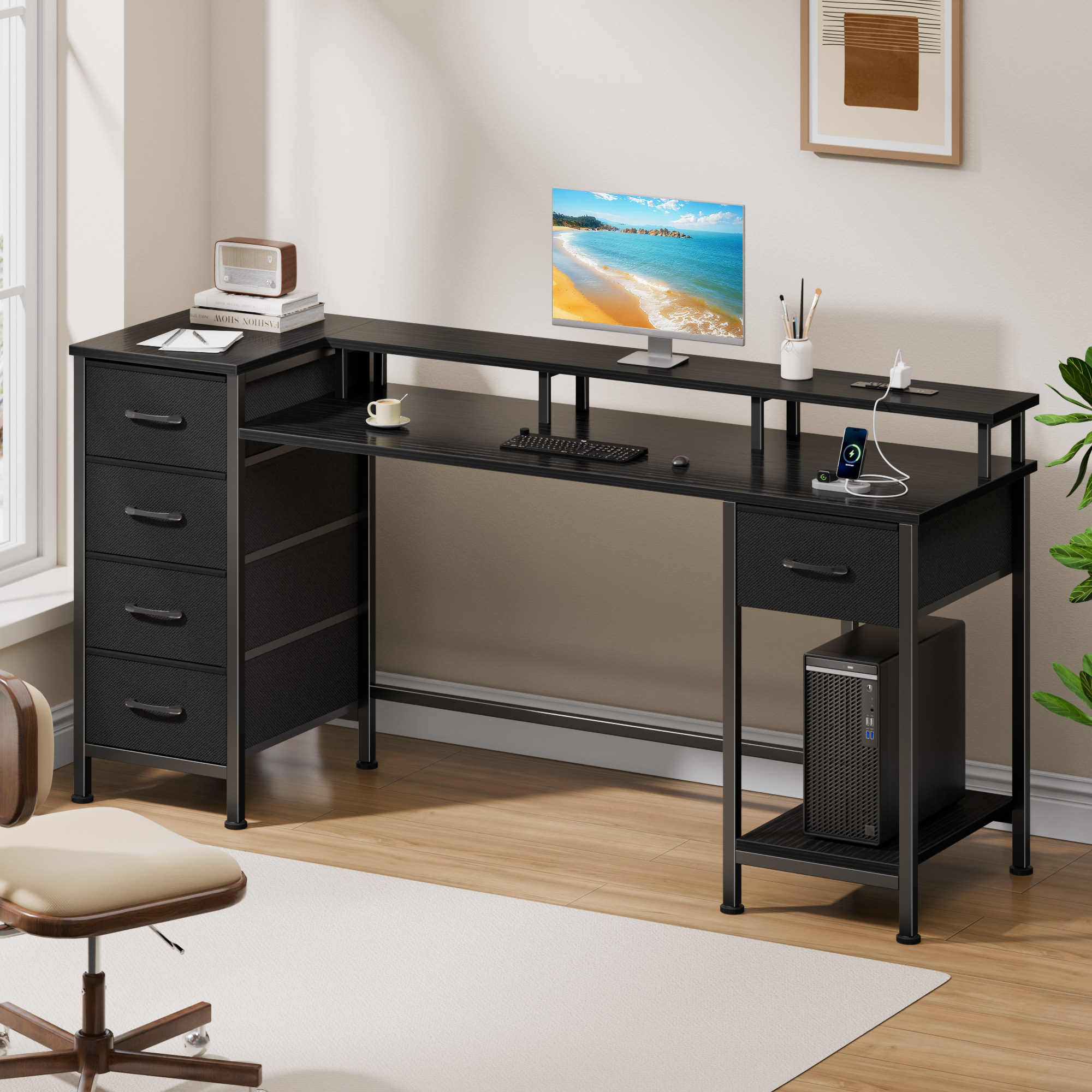 55 Inch Black Computer Desk with Charging Station Reversible Gaming Desk LED Lights Fabric Drawers Home Office Writing Table Bedroom Study Storage