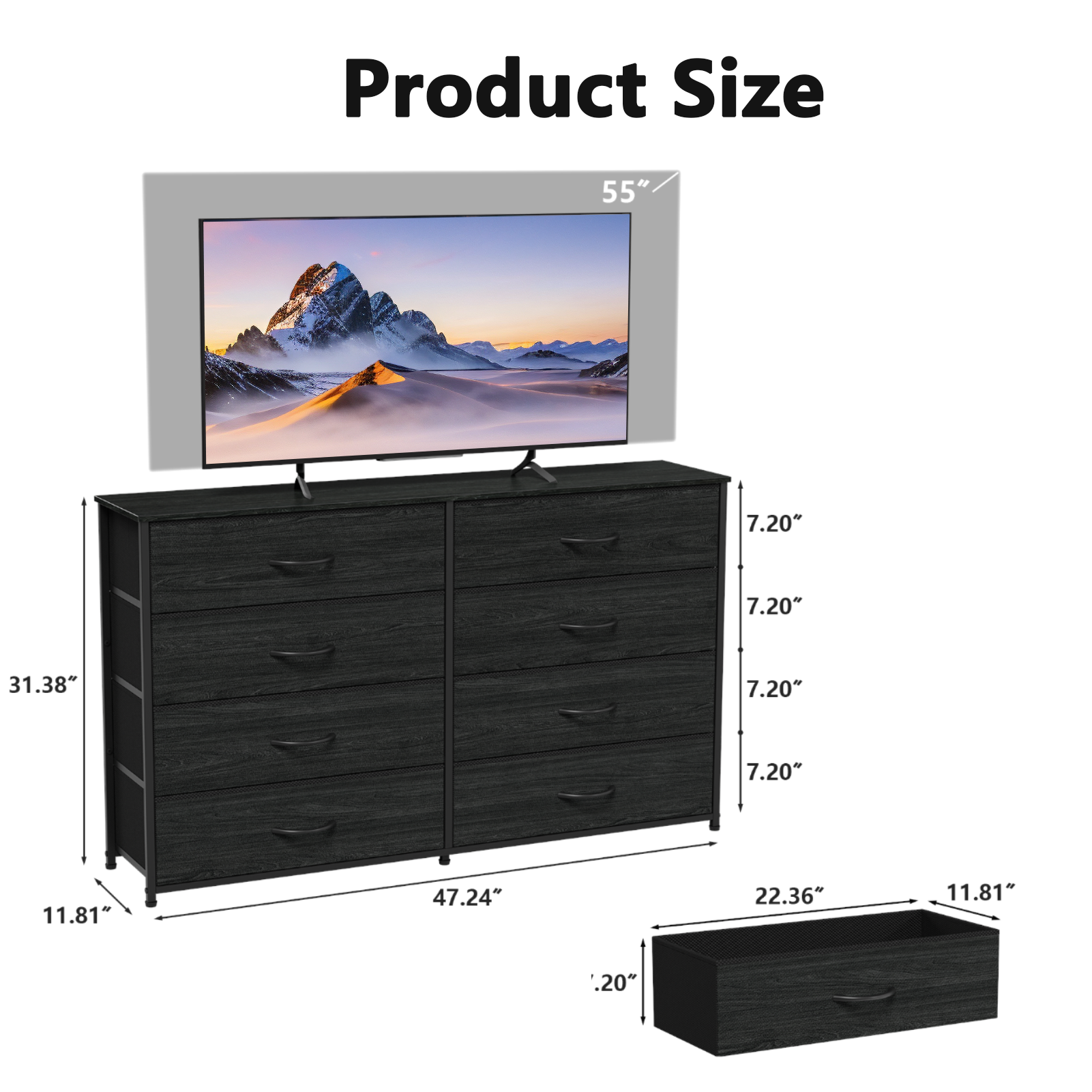 Wide Fabric Dresser for Bedroom 8 Drawer Storage Chest 55 Inch TV Stand Entertainment Center Wood Top Organizer Unit Living Room Hallway Furniture