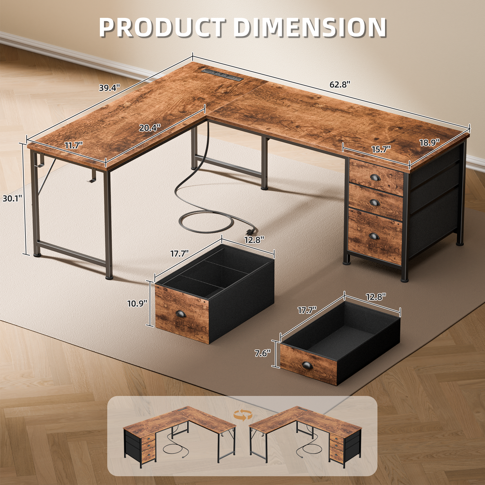 Qwatto Brown 63 Inch L Shaped Corner Computer Desk with Power Outlets and USB C Ports File Fabric Drawers Storage Workstation for Home Office Rooms