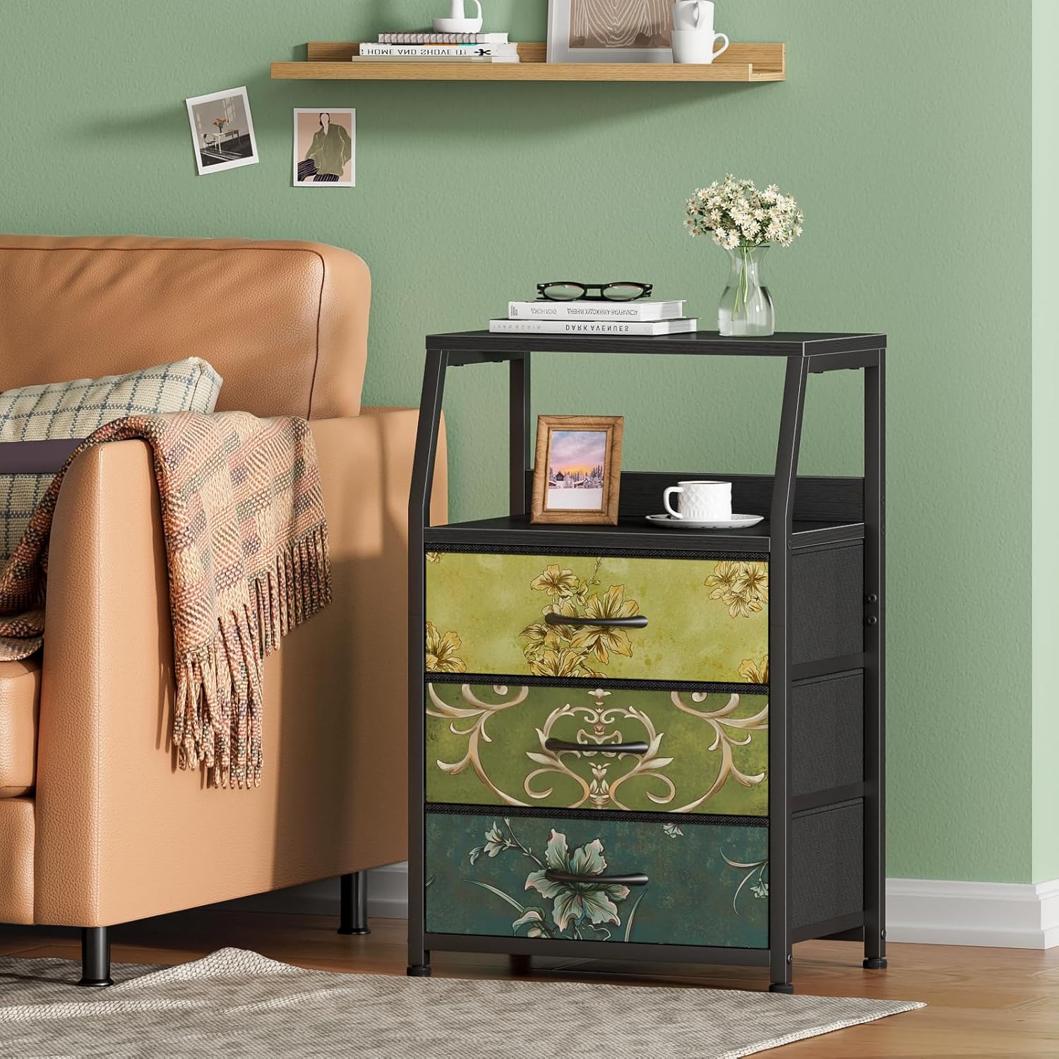 Furnulem Retro Nightstand with 3 Drawers & 2-Tier Shelf – Vintage Side Table for Bedroom or Closet