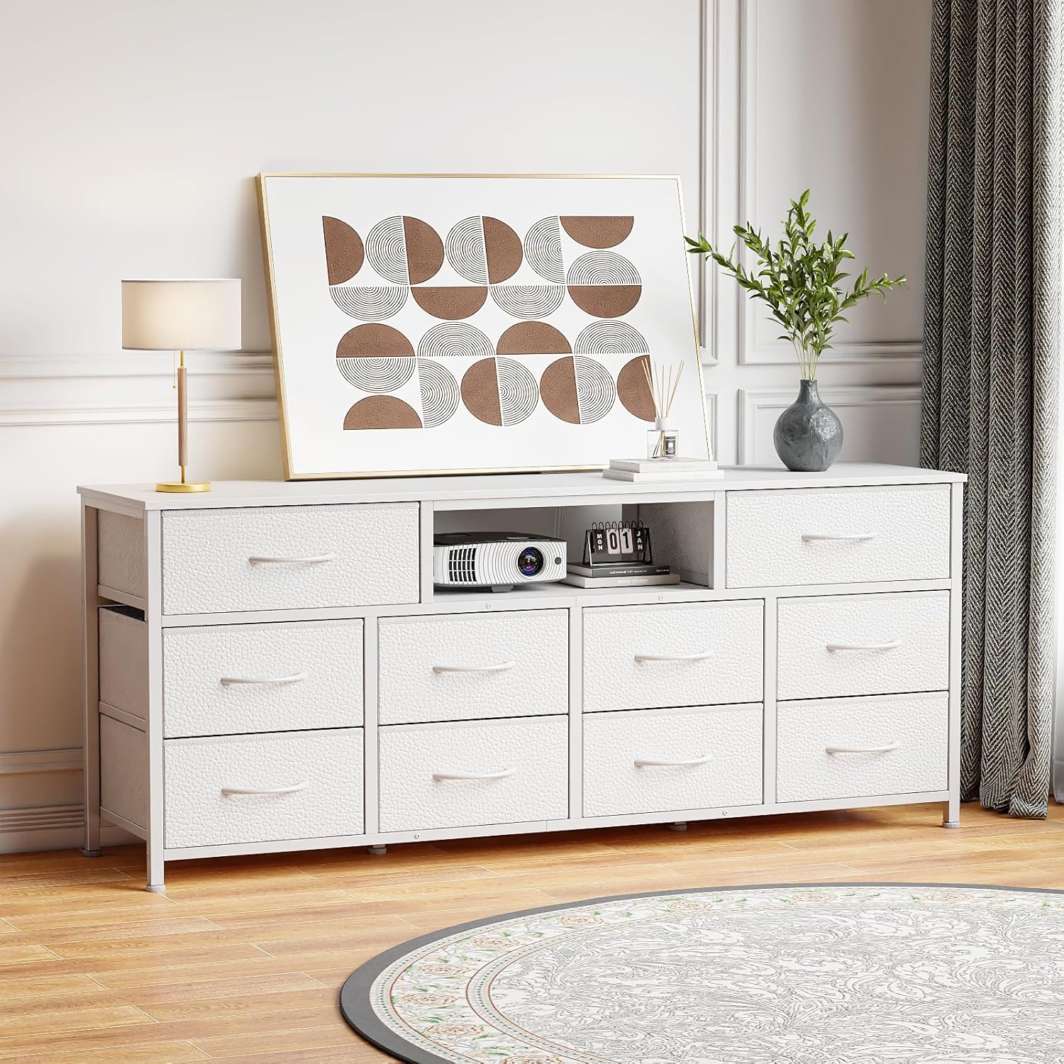 Furnulem 55” Long Dresser for Bedroom TV Stand for 55” to 65” TV White Dresser with 10 Fabric Drawers Entertainment Center with Power Outlet LED Light