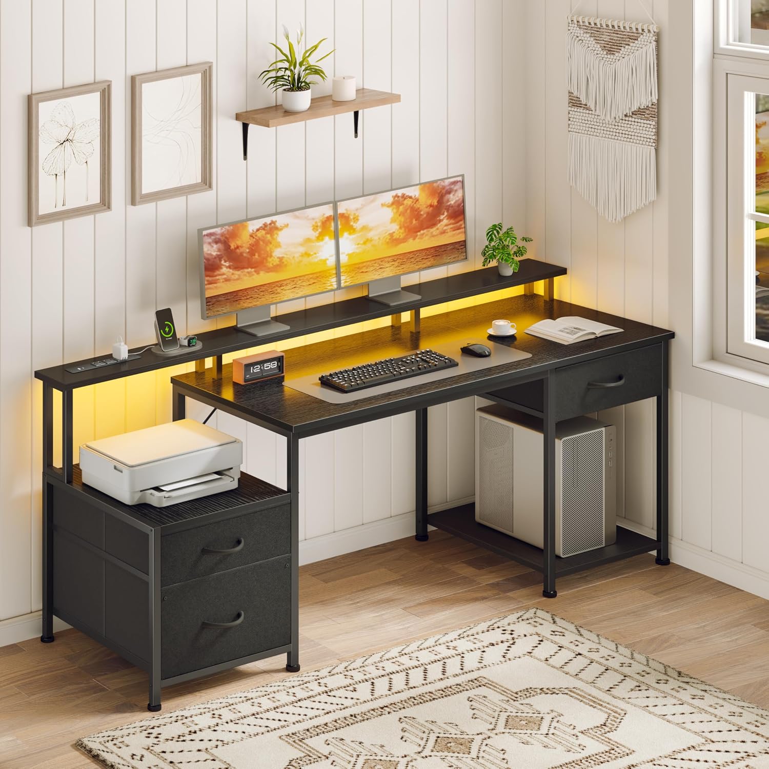Qwatto 55" Black Computer Desk with 3 Adjustable Drawers and Monitor Stands Home Office Writing Workstation Gaming Table with Multi Storage Shelving
