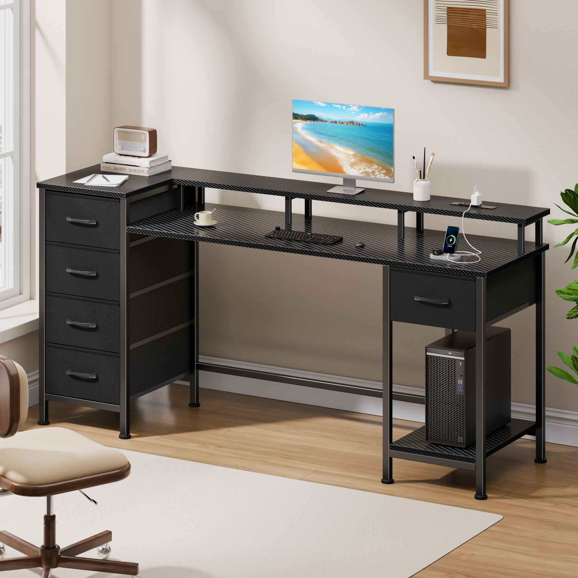 Qwatto 55 Inch Computer Desk with Charging Station Reversible Gaming Desk LED Lights Fabric Drawers Home Office Writing Table Bedroom Study Storage