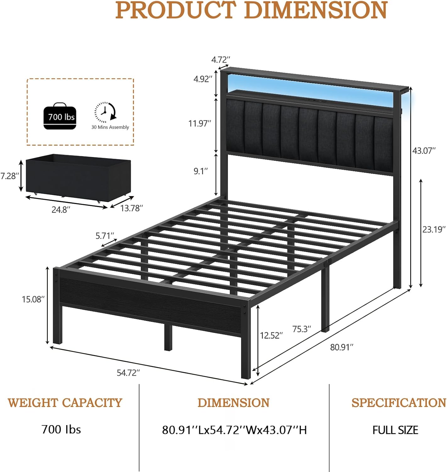 Full Bed Frames Grey Upholstered Headboard with Shelves Metal Platform Bed with 2 Under-Bed Storage (Fabric Drawer on Wheels) No Box Spring Needed
