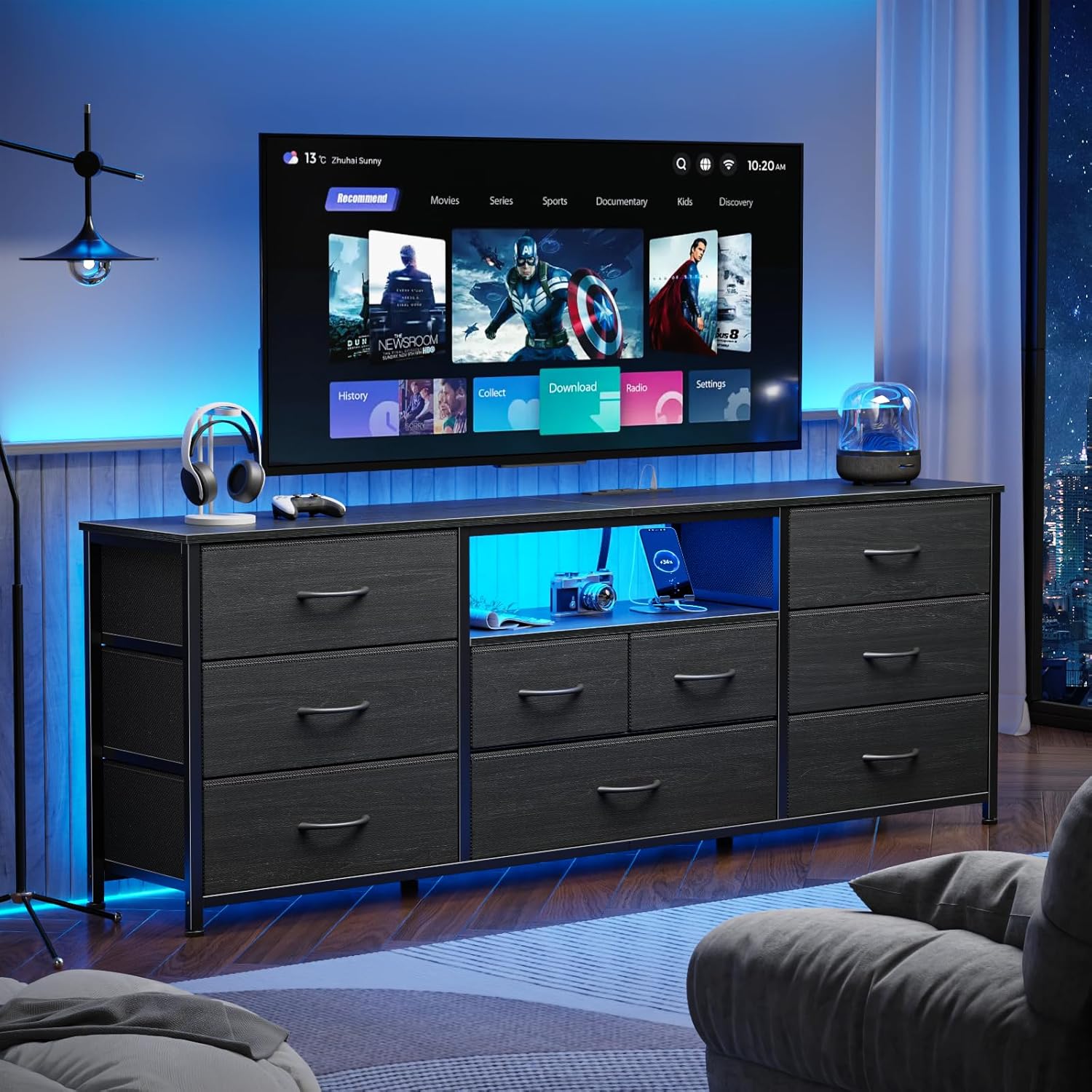 Furnulem 63" 9-Drawer Dresser TV Stand with LED & Power Outlet, Black Fabric Storage Cabinet for Bedroom or Closet, Fits 65–75" TVs