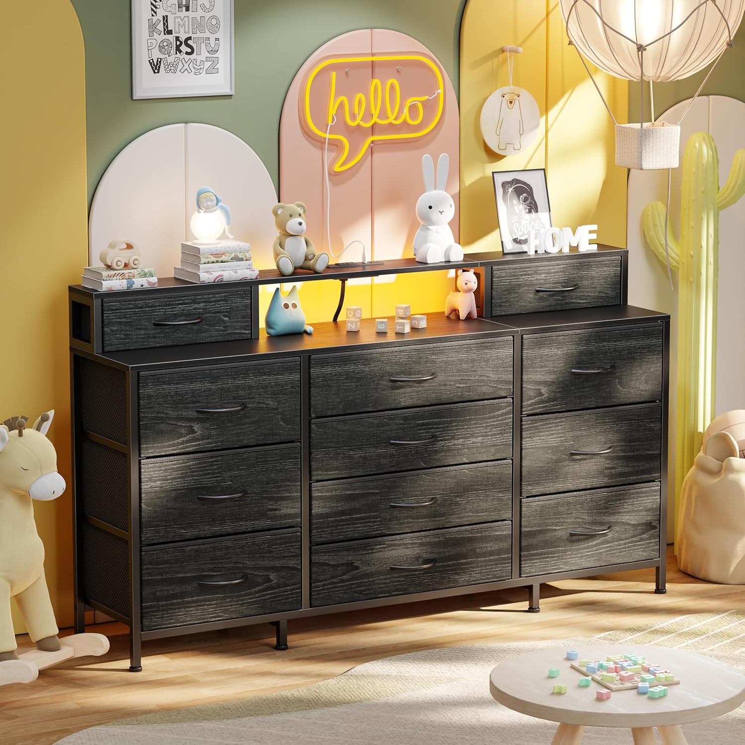 Furnulem 63" Dresser with LED, Outlets & 12 Drawers – Fabric Chest for Bedroom & Closet