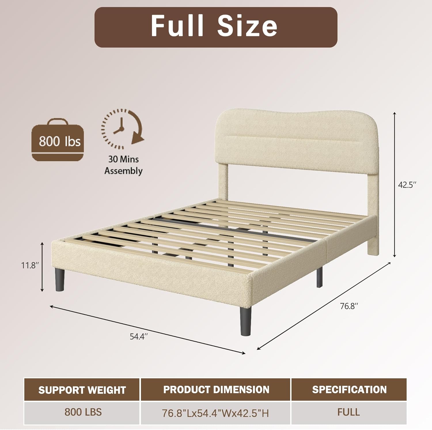 Full Size Bed Frames with Headboard Upholstered Bed Frame Teddy Soft Boucle Fabric bedframes Soft Cloud Marshmallow Shape Upholstered Headboard