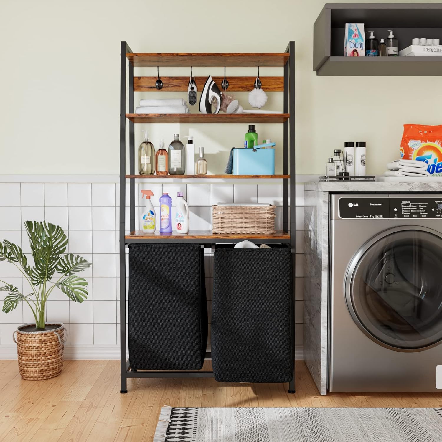Furnulem 4-Tier Laundry Hamper with Shelf & Hooks – Tall Basket with 2 Removable Bags for Bathroom or Bedroom