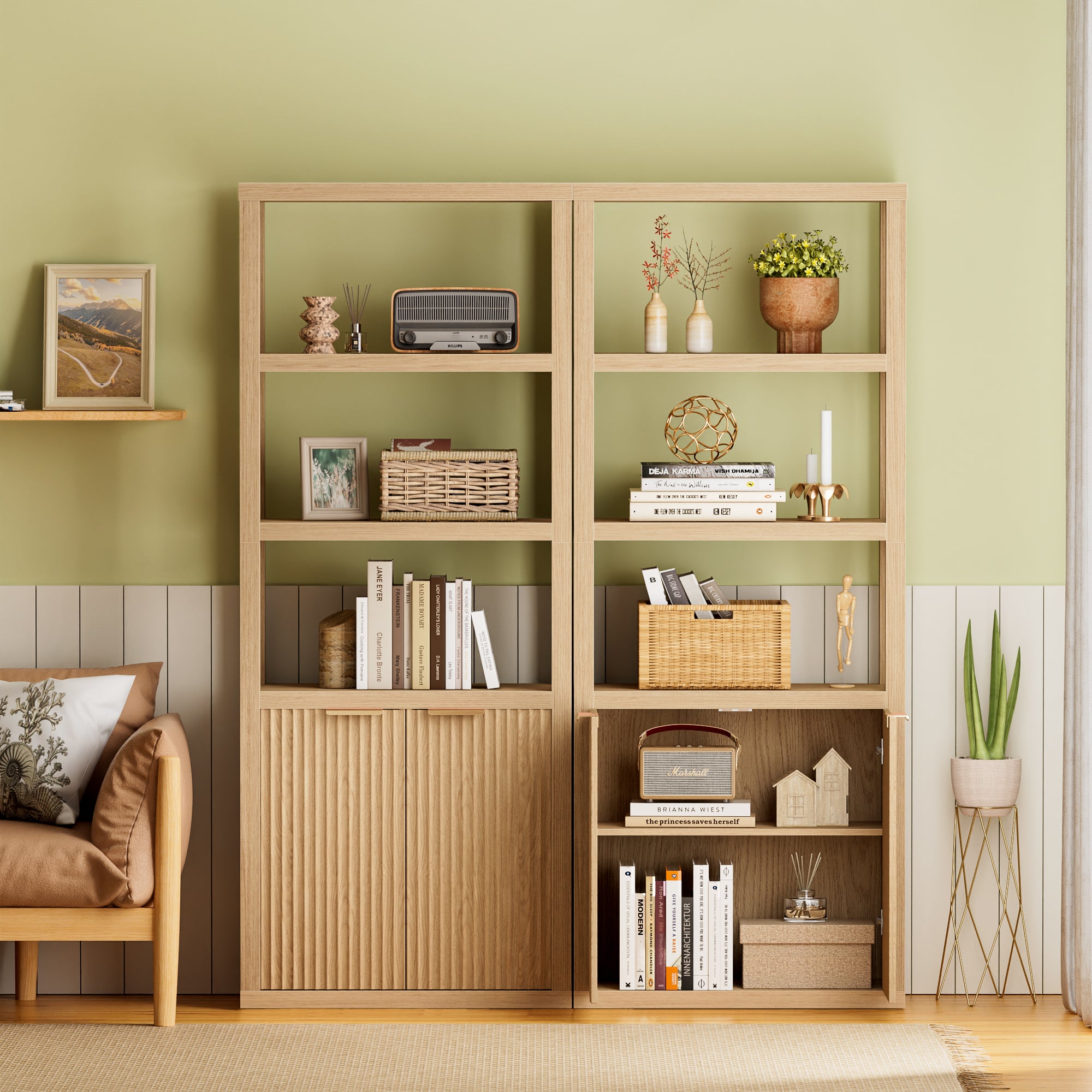 Bookshelf and Bookcase with Door Floor Standing 5-Tier Shelf Display Storage Shelves Tall Bookcases for Home Office Living Room