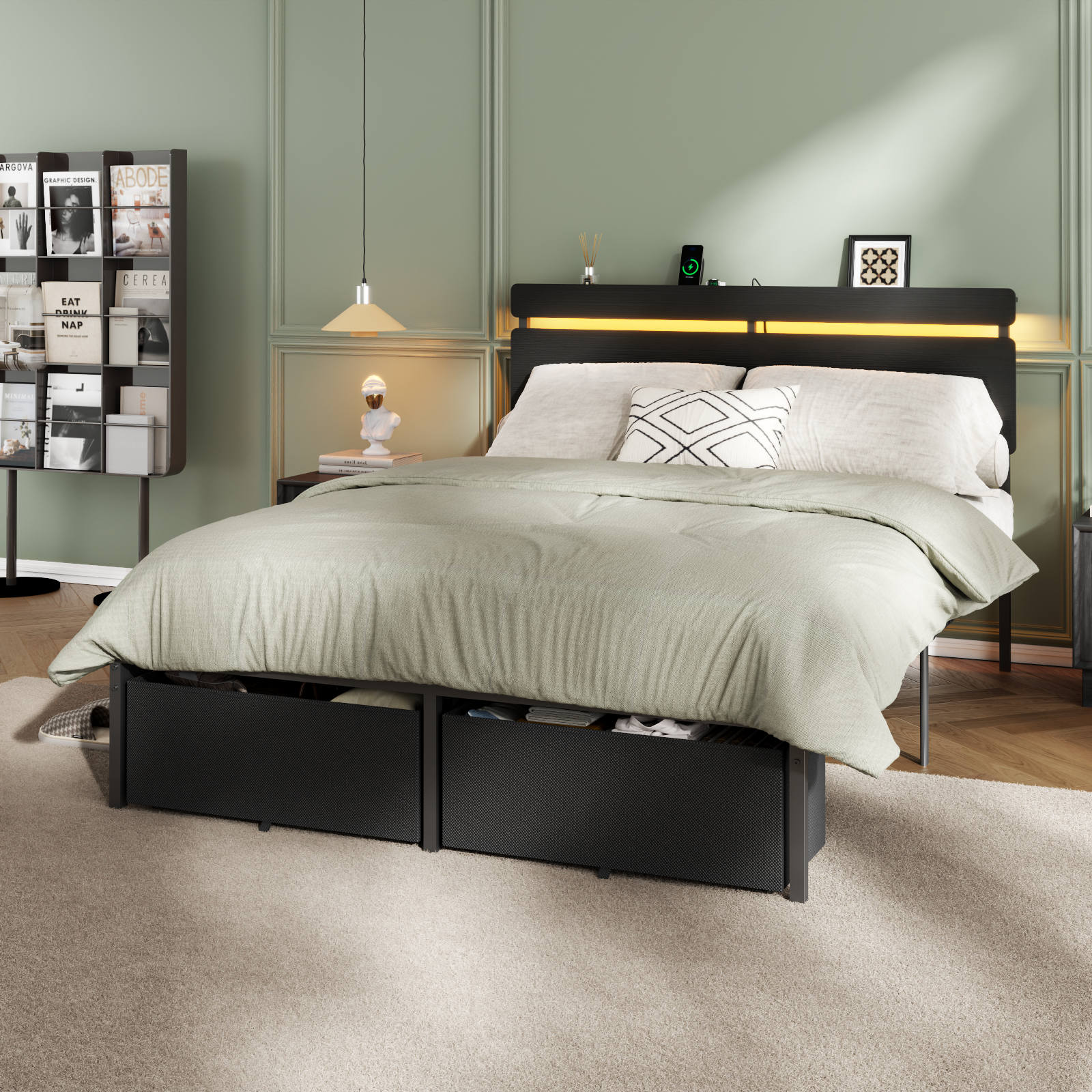 Black Full Metal Bed Frame with Wood Storage Headboard LED Lighting Charging Station Heavy Duty Platform 2 Drawers No Box Spring