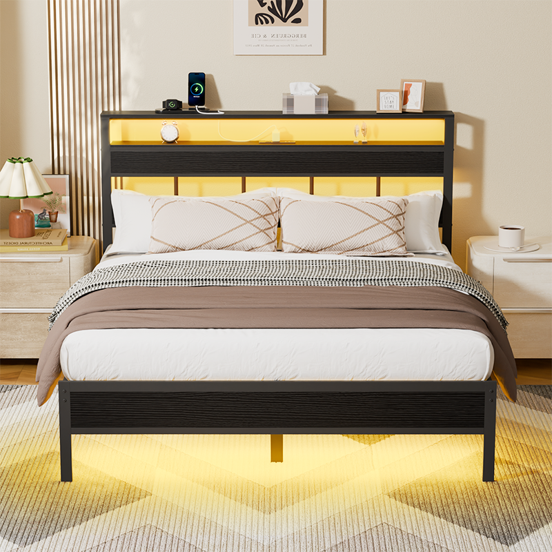 Furnulem Queen Bed Frame with Storage Headboard, LED Lights & Charging Station