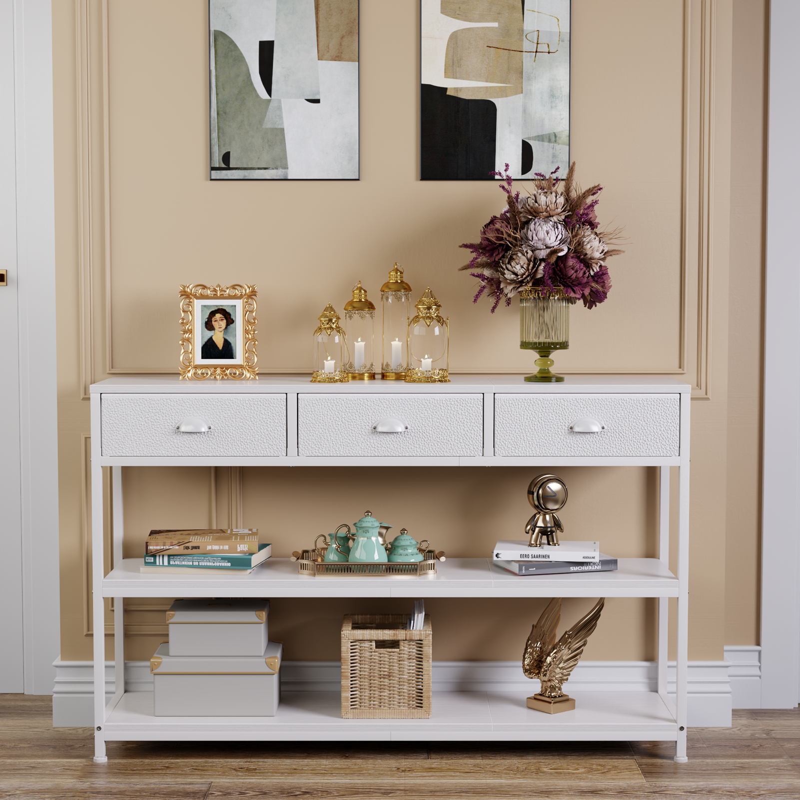 Qwatto Long 47 Inch White Entryway Table 3 Storage Drawers Three Tier Industrial Display Shelves Console Sofa Accent Table For Hallway Kitchen Foyer