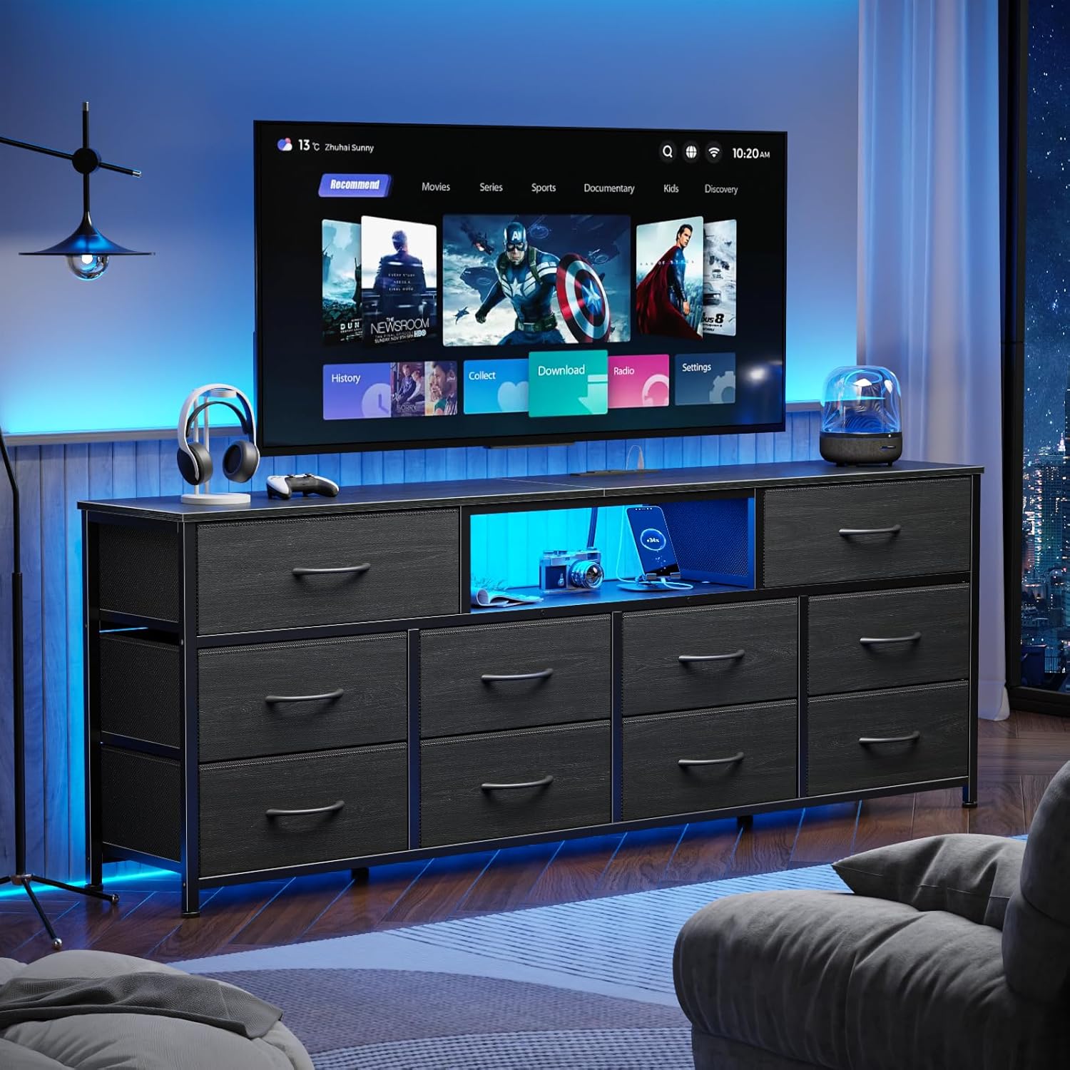 Furnulem 63" Dresser TV Stand with 10 Drawers, LED Light & Power Outlet, Black Storage Chest for Bedroom, Closet, Fits 65–75" TVs