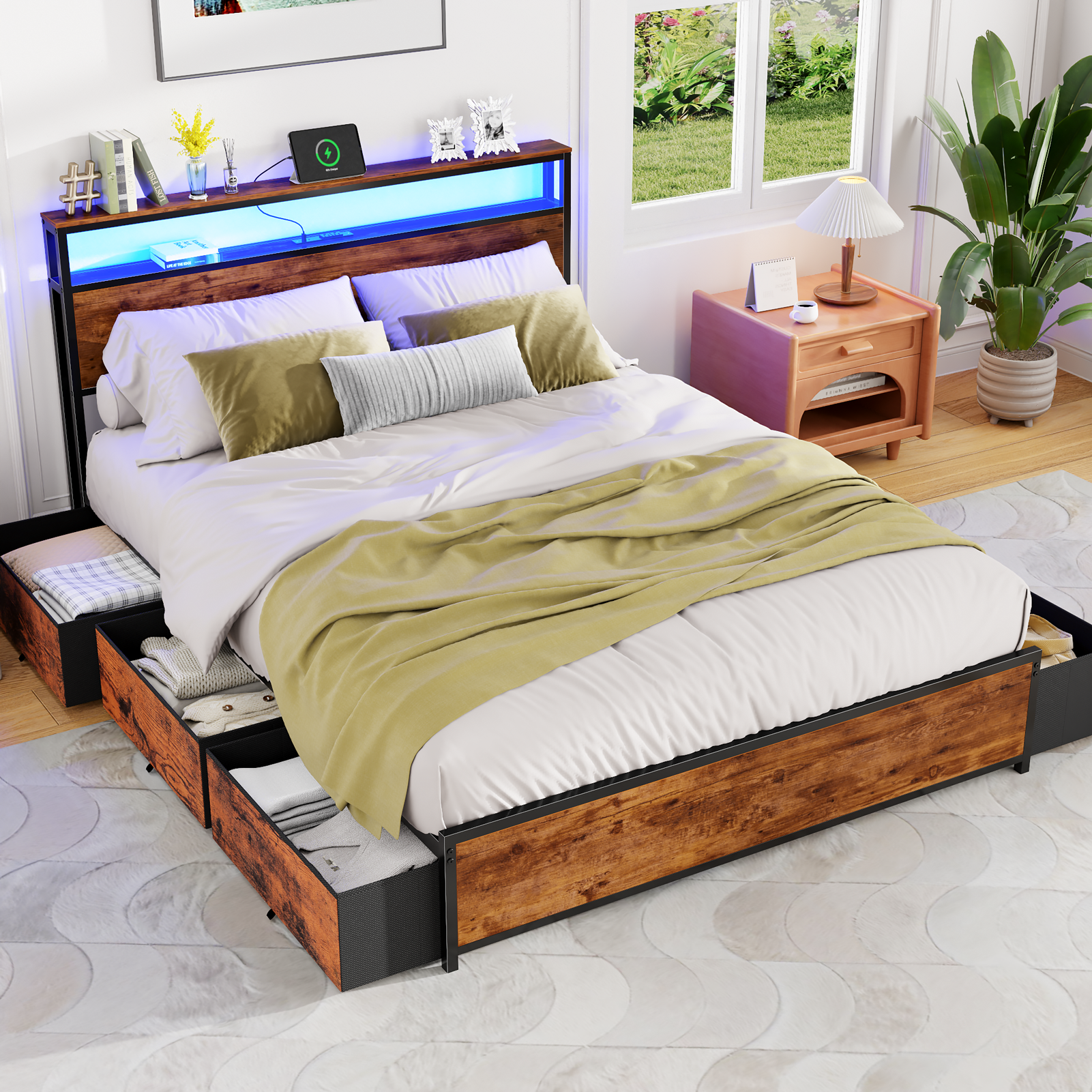 Queen Bed Frame with 6 Storage Drawers Metal Platform Bed Frame with 2-Tier Storage Headboard LED Built in Charging Station No Box Spring Needed