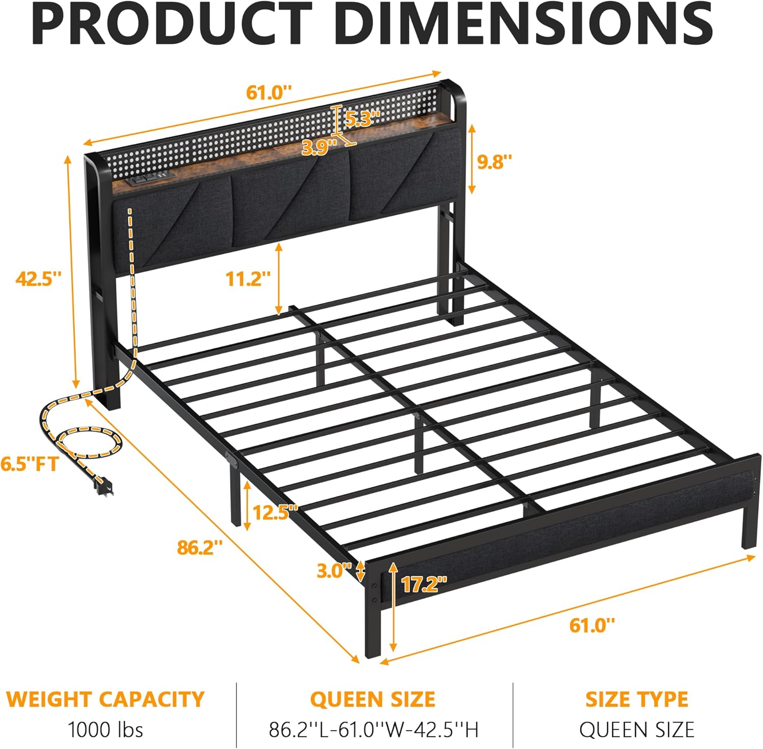 Furnulem Queen Size Bed Frame with Headboard and LED Lights, Upholstered Bedframe with Charging Station and USB Port No Box Spring Needed