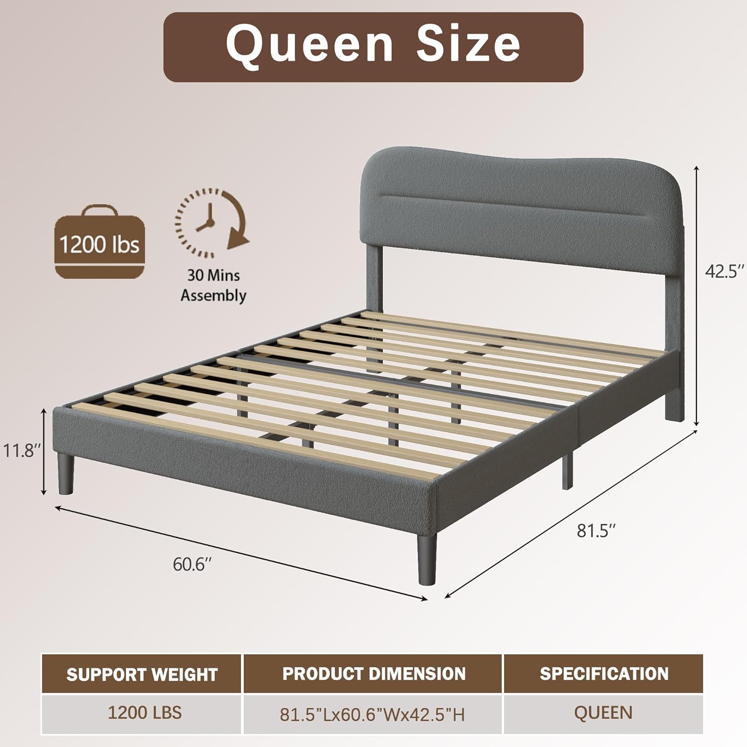 Queen Size Bed Frame with Headboard upholstered Bed Frame Soft Boucle Fabric Soft Cloud Marshmallow Shape Upholstered Headboard No Box Spring Needed