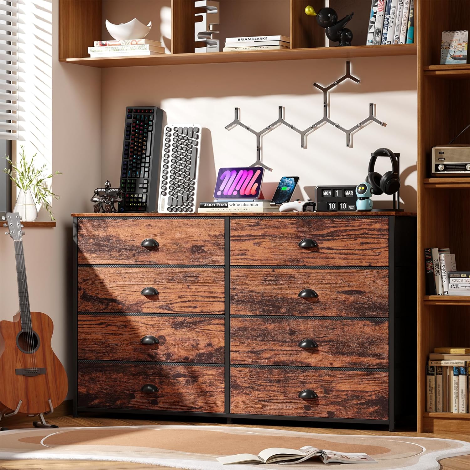 Dresser for Bedroom TV Stand for 55'' TV Wide Storage Drawer Unit with 8 Fabric Bins Double Dresser for Bedroom Office Dorm Closet Entryway Wood Top