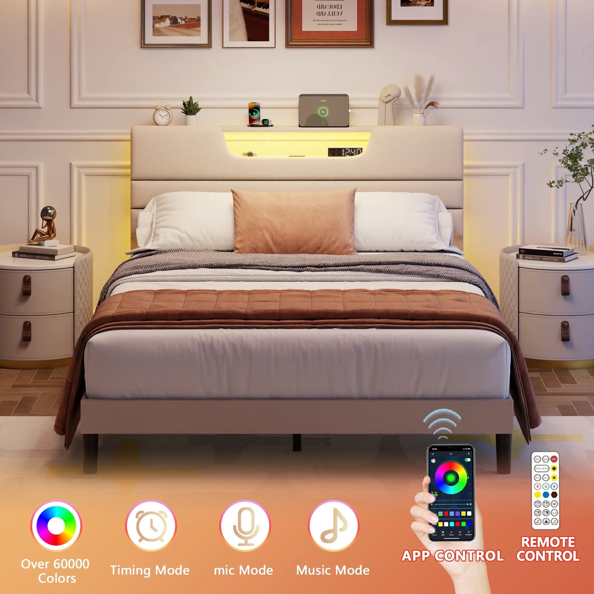 Beige Fine Linen Fabric Bed Frame with Upholstered Headboard & Charge Station, Queen Size Bed Frame with LED Lights, No Box Spring Needed