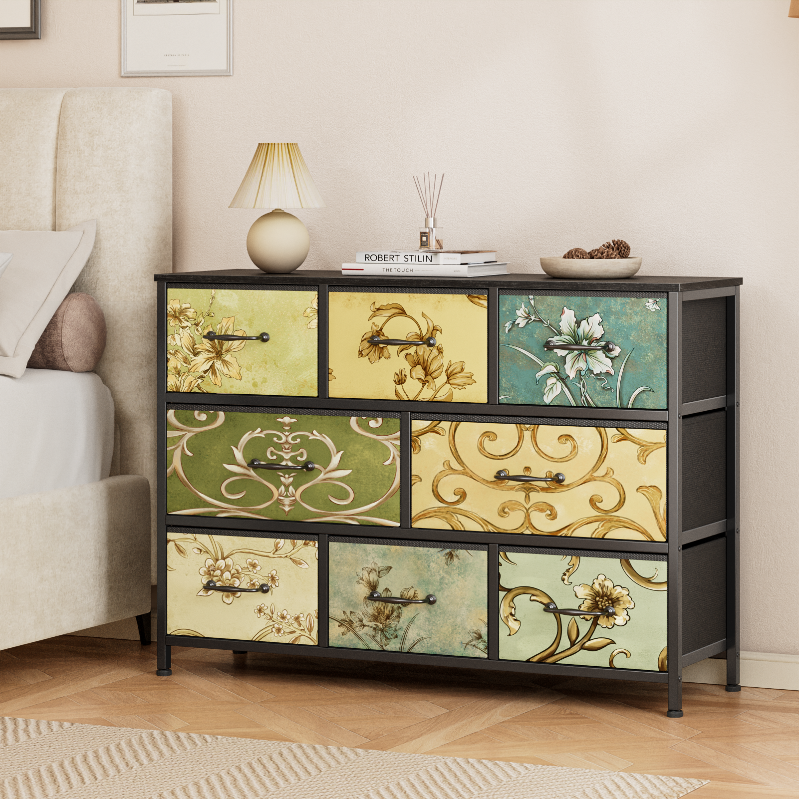 8 Drawer Wide Fabric Dresser Storage Chest Rustic Wood Top Industrial Metal Frame Organizer Unit Bedroom Living Room Closet Furniture