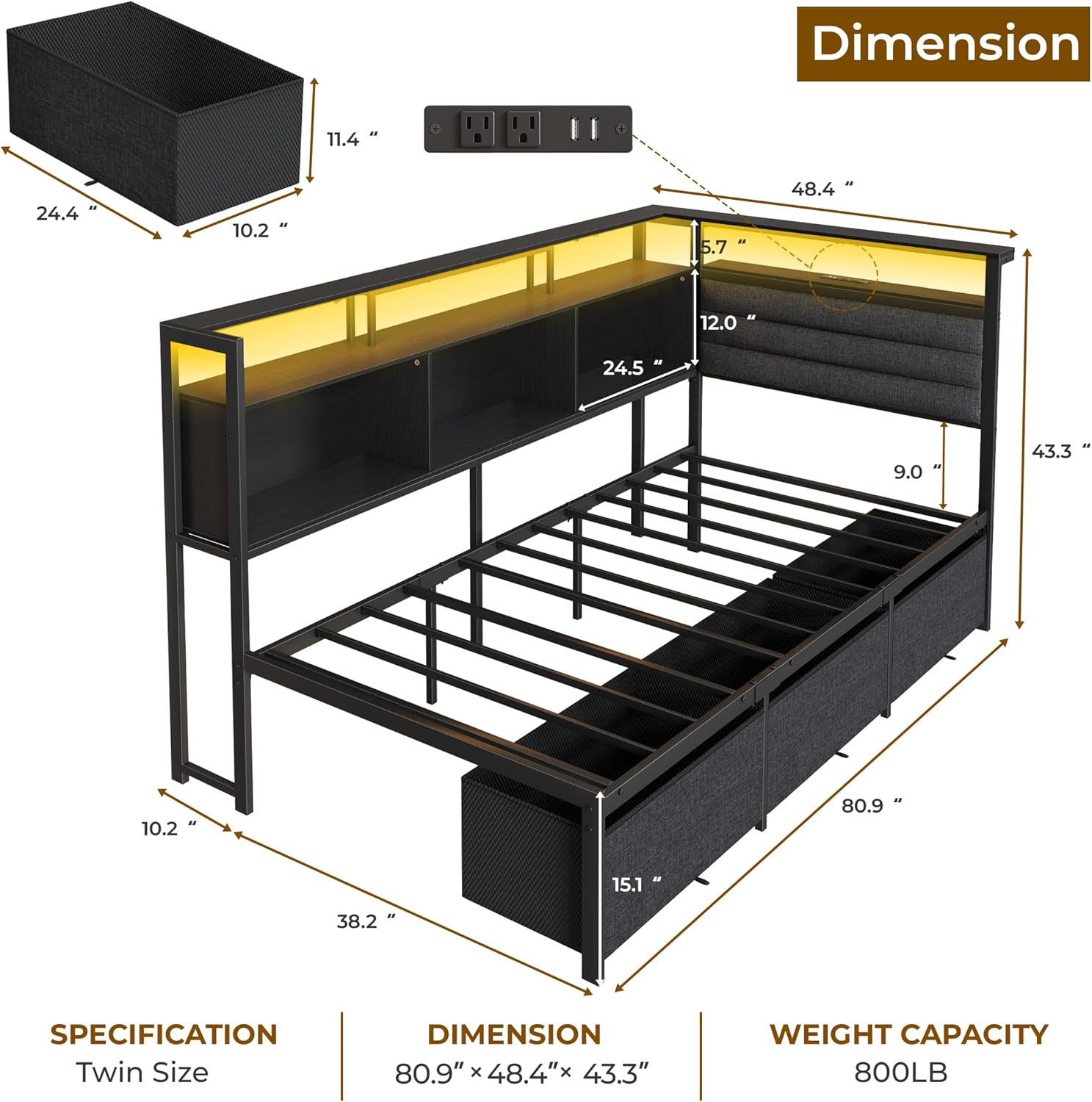 Corner Bed Frame with Storage Bookcase and LED Lights, Twin Size Bed Frames with Upholstered Headboard and Charging Station bed with 3 Storage Drawers