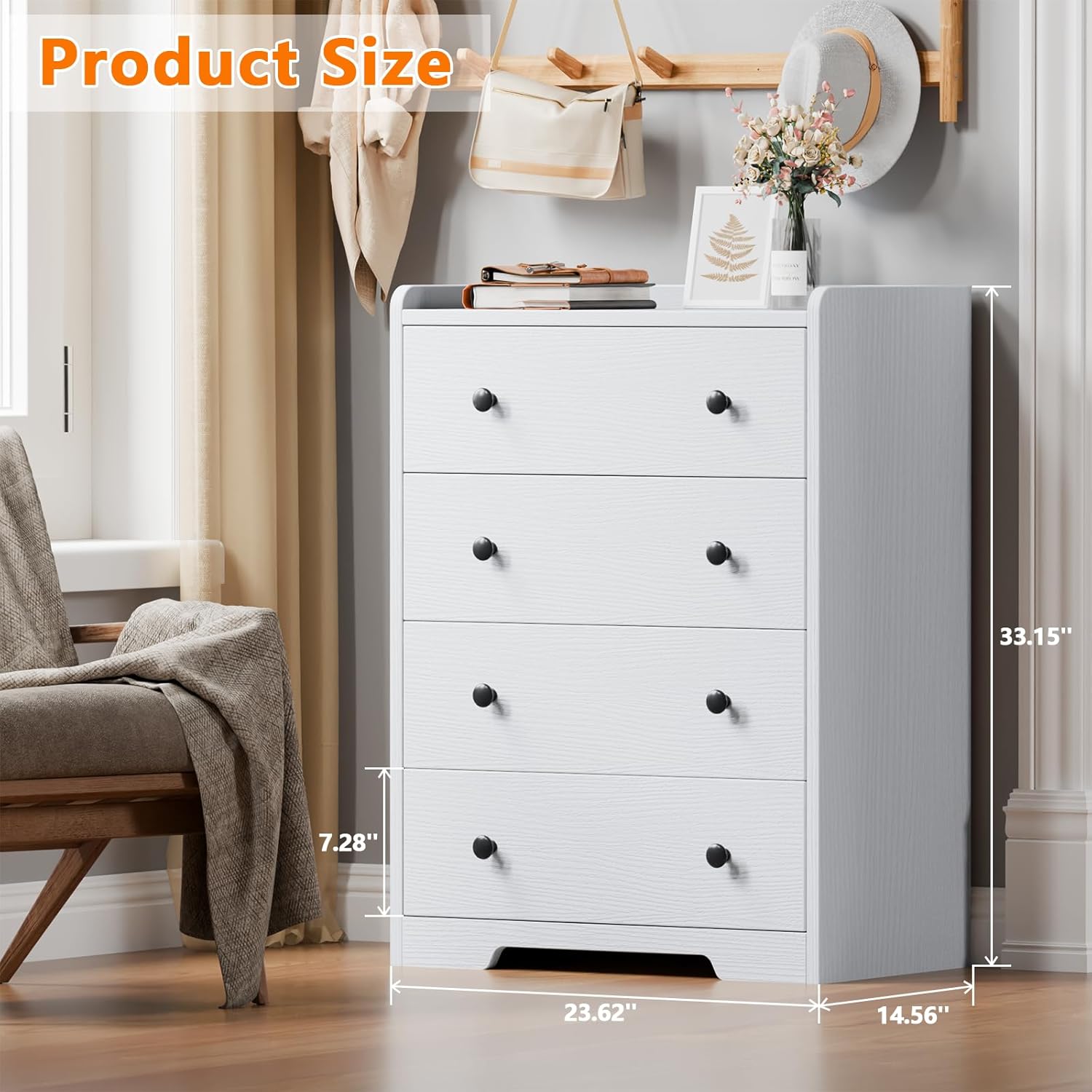 Furnulem White 4-Drawer Dresser – Wood Storage Chest for Bedroom, Living Room, or Hallway
