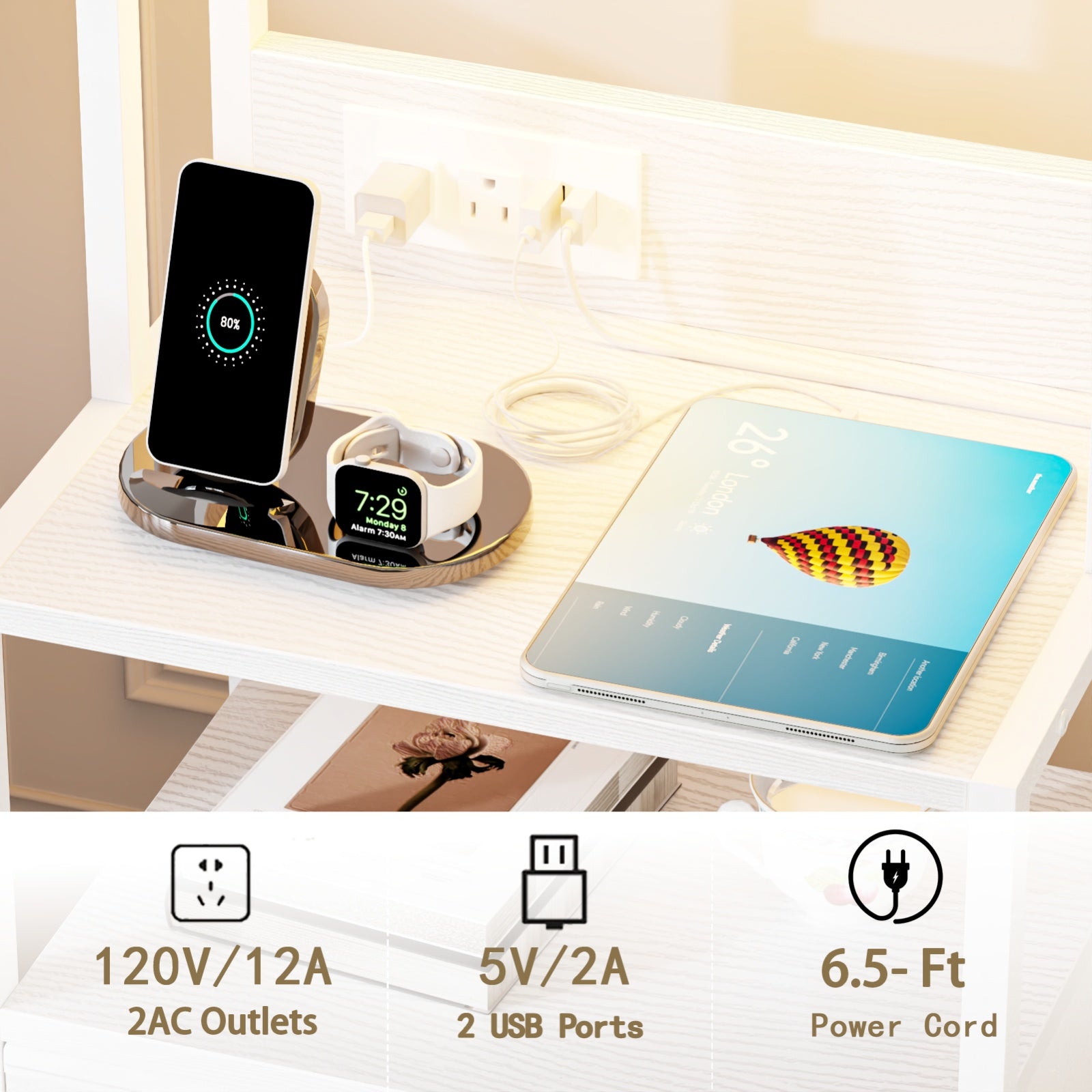 Furnulem Night Stand, Tall Nightstand with 4-Tier Shelves, 2 Fabric Drawers and Light Tube, Bed Side Tables with Charging Station, Bedside Table for Bedroom, Office, Rustic Brown