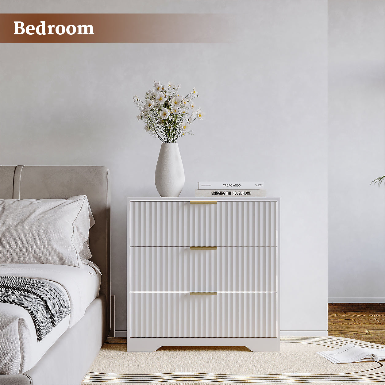 27-in Wide Fluted Night Stand 3 Drawers Large End Table with Storage White Nightstand Wood Bedside Tables Farmhouse Cabinet Dresser for Bedroom Closet