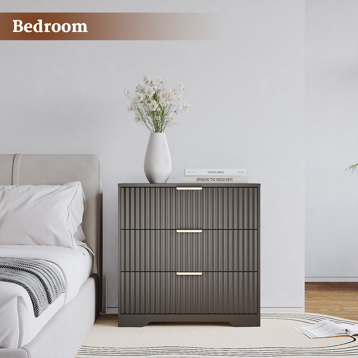 27-in Wide Fluted Night Stand 3 Drawers Large End Table with Storage Black Nightstand Wood Bedside Tables Farmhouse Cabinet Dresser for Bedroom Closet