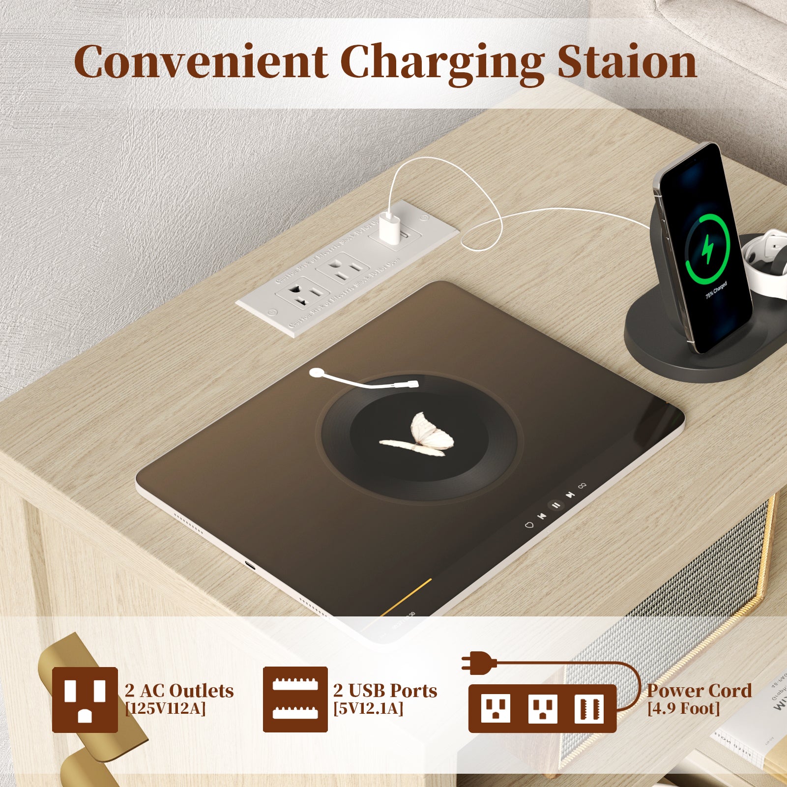 19.7 Inch Bedside Table with Charging Station Fluted Nightstand 2 Wood Drawers Open Shelf Modern End Table with Metal Handle Wood Legs for Living Room