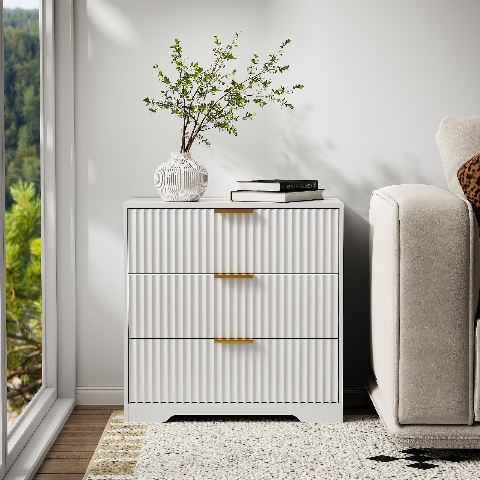 27-in Wide Fluted Night Stand 3 Drawers Large End Table with Storage White Nightstand Wood Bedside Tables Farmhouse Cabinet Dresser for Bedroom Closet