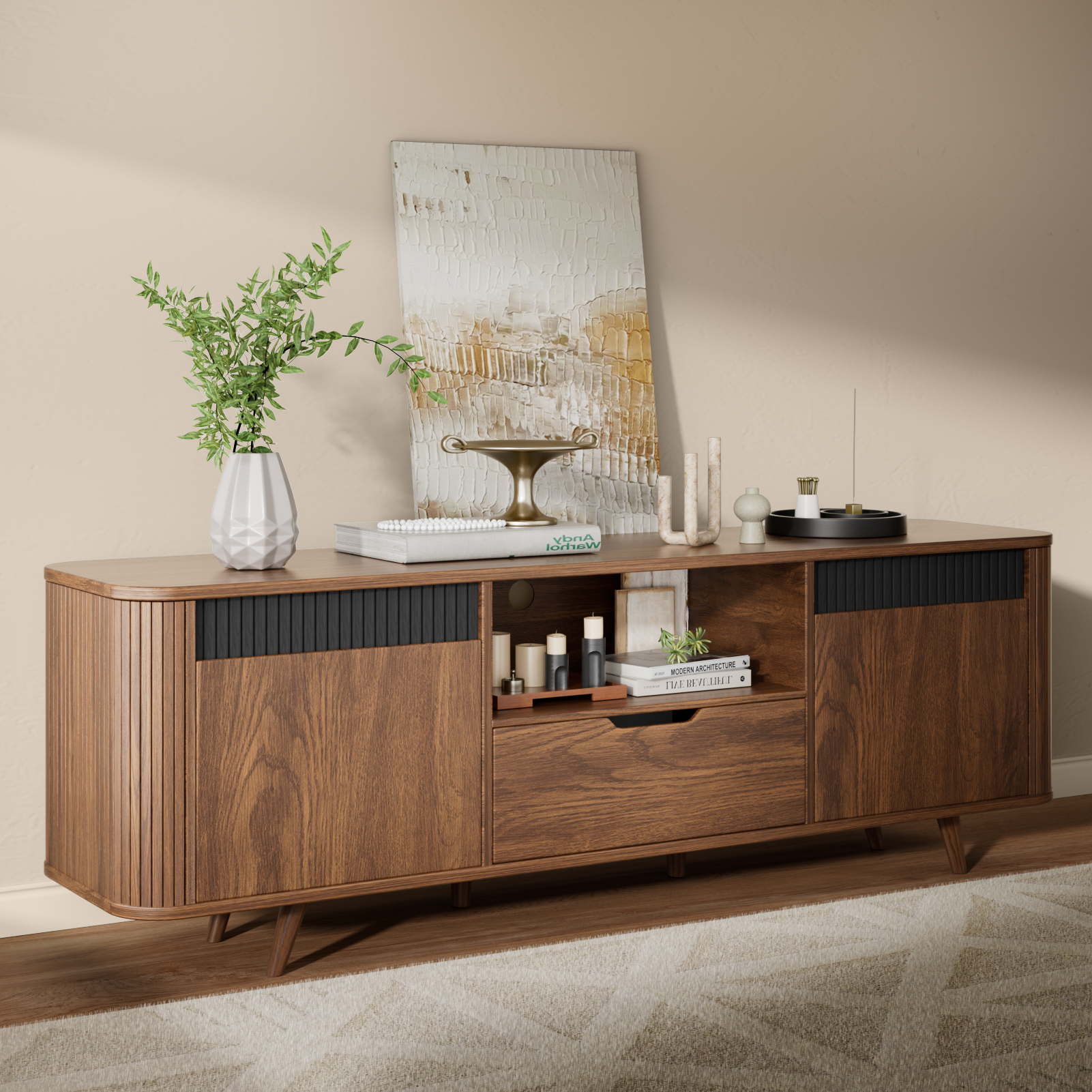 55-in TV Stand with Storage for TVs up to 65-in With Drawer slides Tambour Media Console With Charging Station Shelves Cable Management Wood Legs walnut