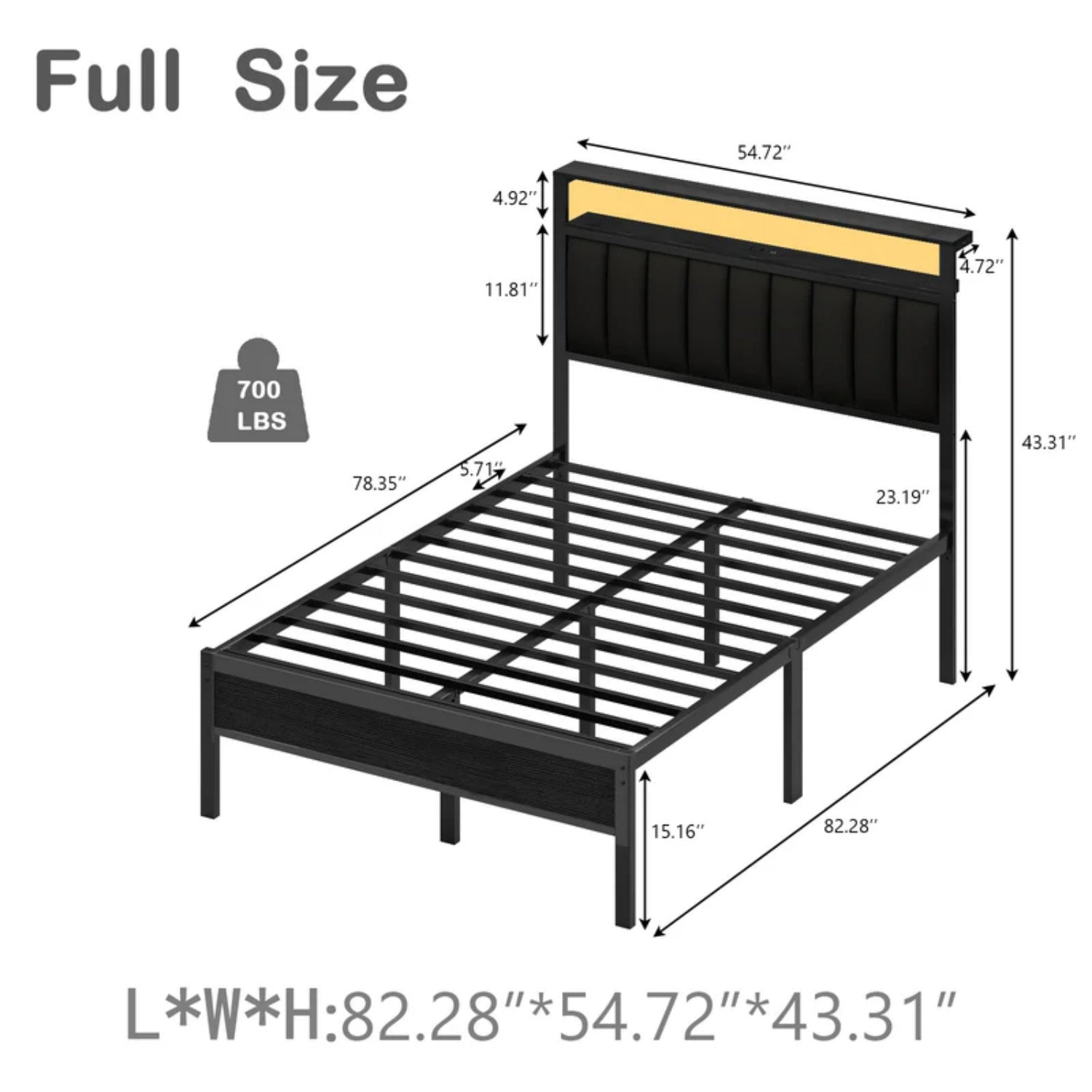 Furnulem Bed Frame with Charging Station, LED Lights & Storage Shelves – Metal Slats, No Box Spring