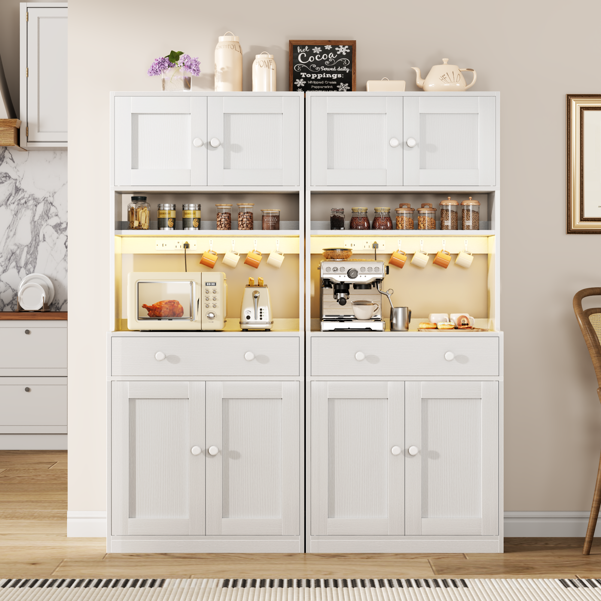 71 Inch Tall White Farmhouse Kitchen Pantry Storage Cabinet Freestanding Microwave Stand with Hutch Doors Drawers for Dining Room Furniture Addition