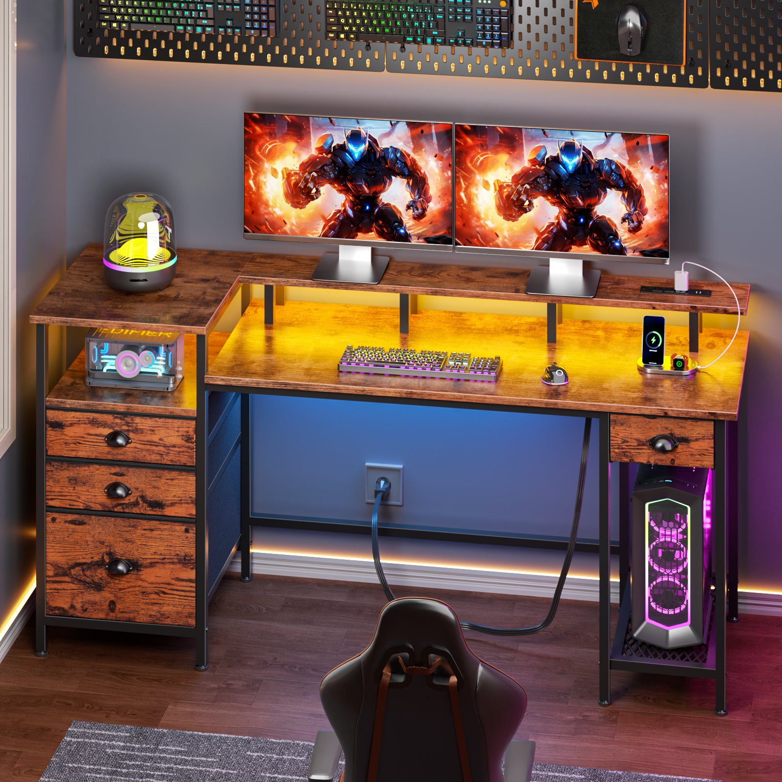 60 Inch Computer Desk with Charging Station Reversible Gaming Desk LED Lights File Cabinet Monitor Stand Rustic Brown Home Office 4 Drawers Shelf