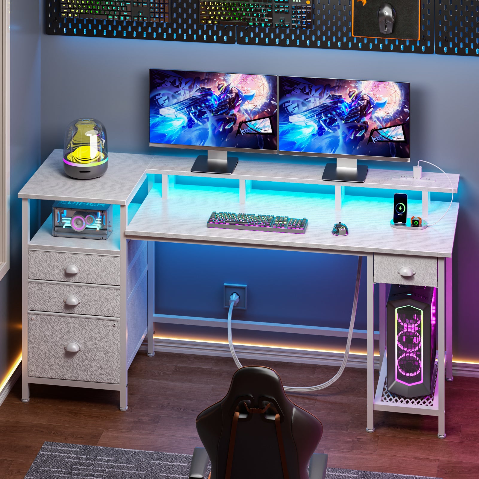 60 Inch White Computer Desk with Charging Station Gaming Desk LED Lights 4 Drawers File Cabinet Storage Home Office Work Table Modern Bedroom Study