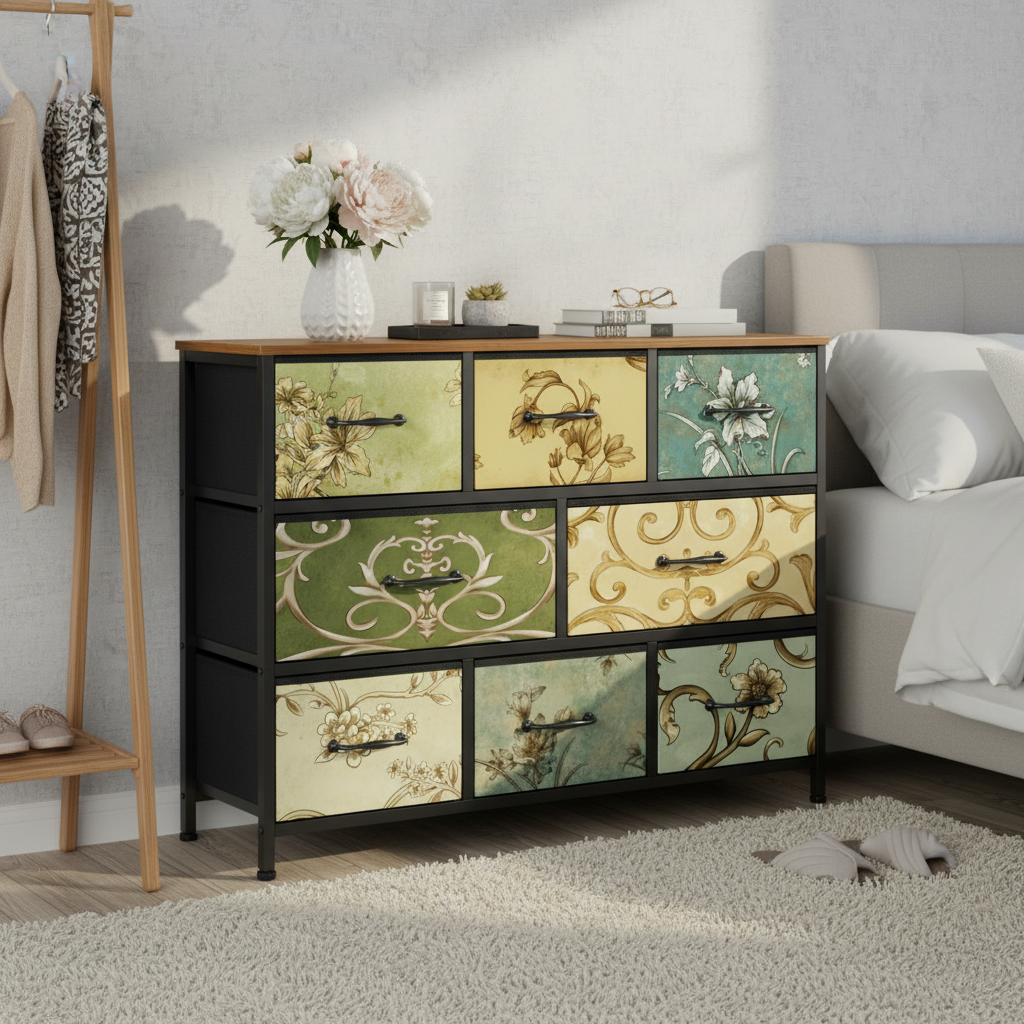 8 Drawer Dresser Wide Fabric Chest of Drawers Vintage Closet Clothes Storage Wooden Top Furniture for Bedroom Living Room Hallway