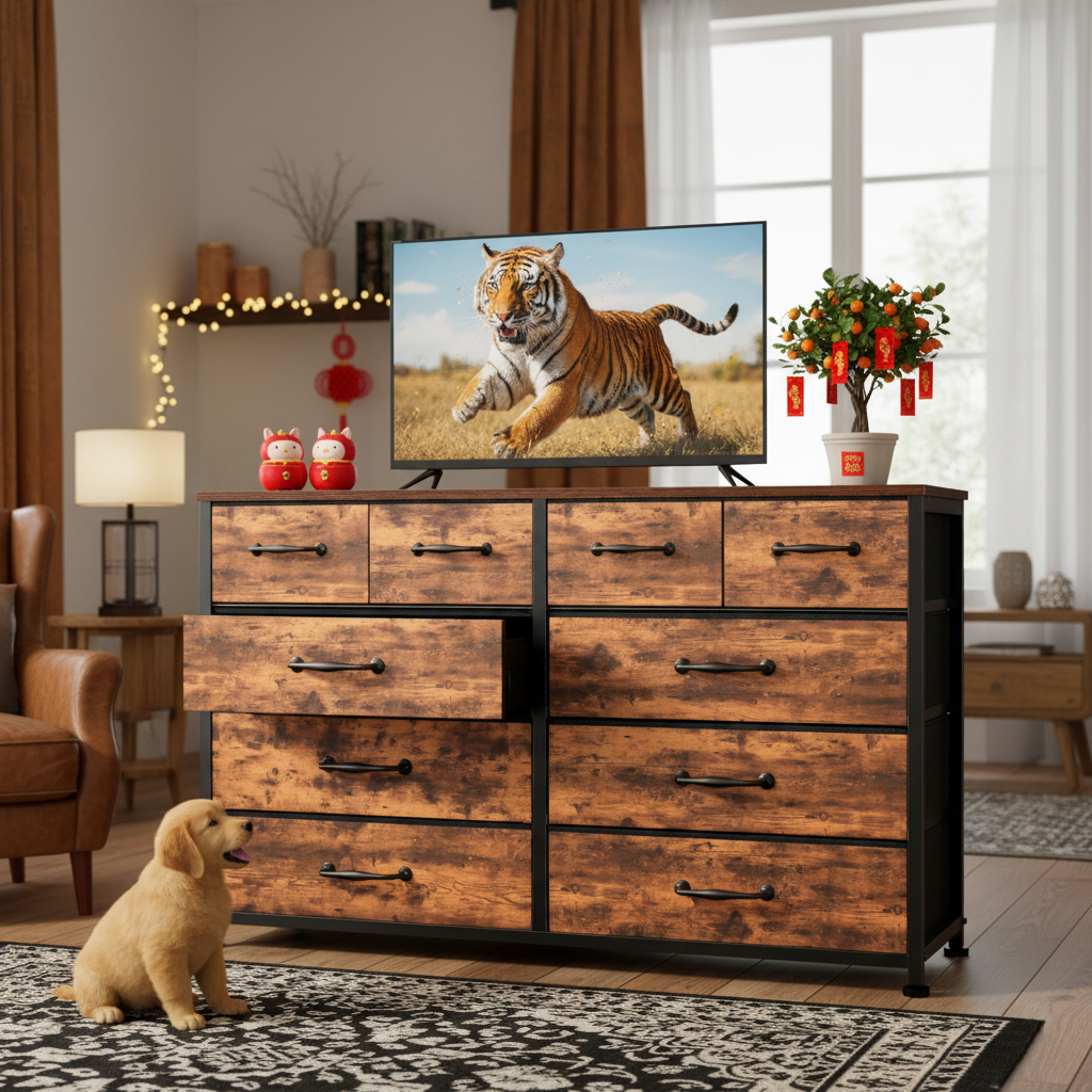 Dresser for Bedroom with 10 Fabric Dresser TV Stand for 40-45-50 inch Tv Dressers Chest of Drawers for Living Room Hallway Entryway Metal Frame Brown
