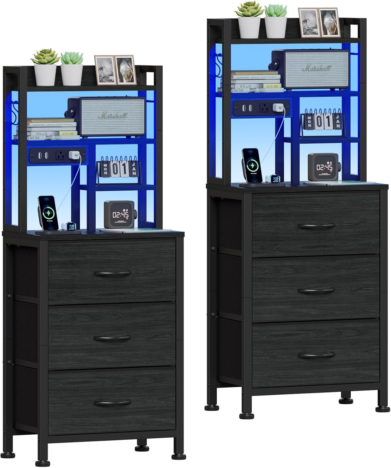 Furnulem Nightstands Set of 2, Tall Night Stand with Charger Station and USB Ports, 3 Fabric Drawers and Led Lights, Bed Side Table for Bedroom/Dorm/Office, Black Oak