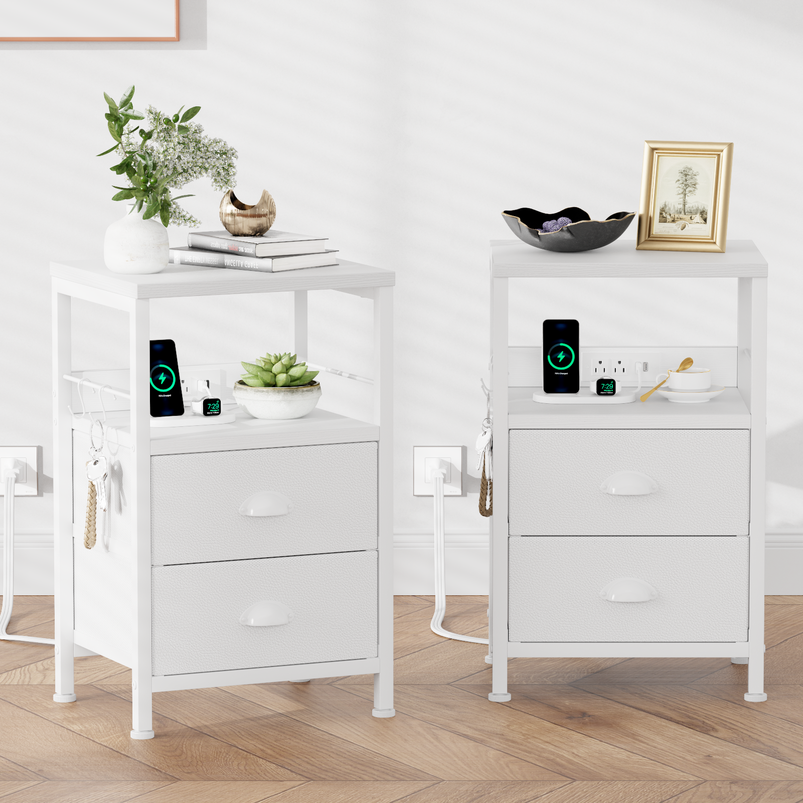 Set of 2 Nightstands with Charging Station and USB Ports Modern Bedside Side Tables with 2 Fabric Drawers and Storage Shelves End Tables Bedroom White