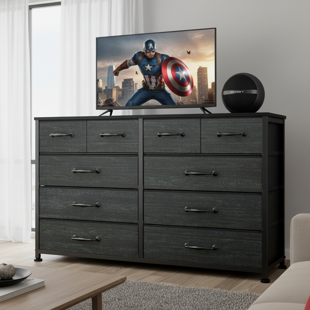 Black Dresser with 10 Fabric Dresser Tv Stand for Bedroom for 40-45-50 inch Tv Entertainment Center Chest of Drawers for Living Room Hallway Entryway