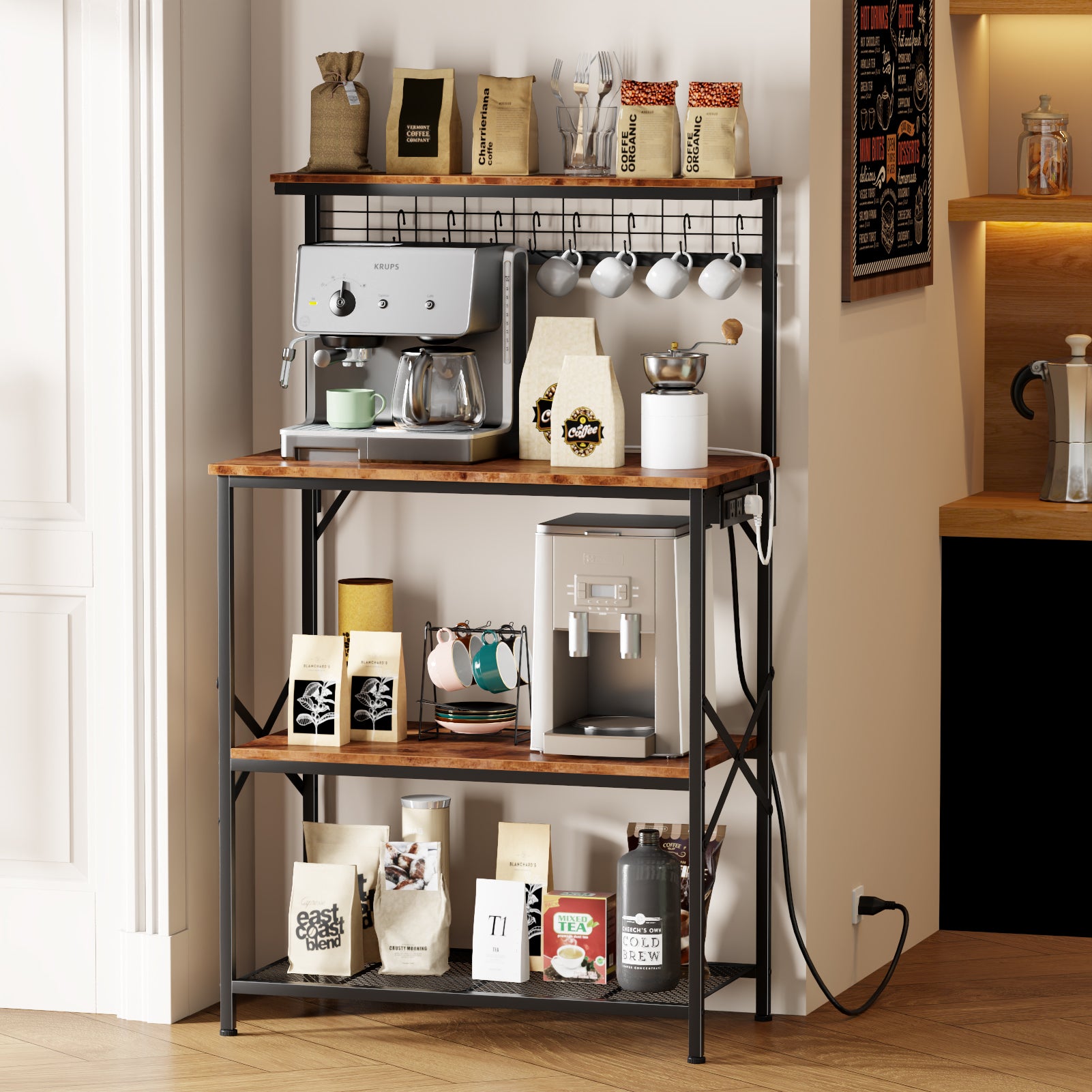Qwatto Kitchen Bakers Rack with Power Outlets 31.5 -inch Coffee Bar Station 4 Tier Microwave Stand Storage Shelf with S Hooks Rustic Brown Utility Table