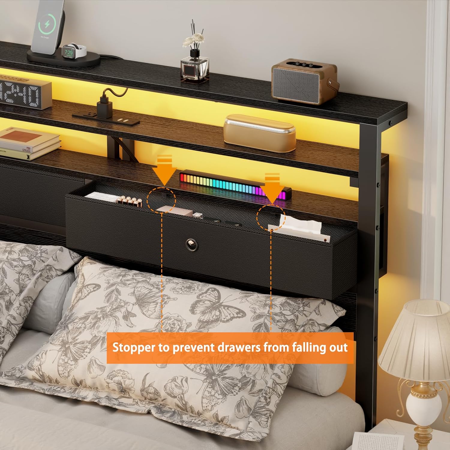 Furnulem Queen Bed Frame with Headboard 2 Fabric Drawers Bed Frame Featuring LED Lights Built-in Charging Station Storage No Box Spring Needed