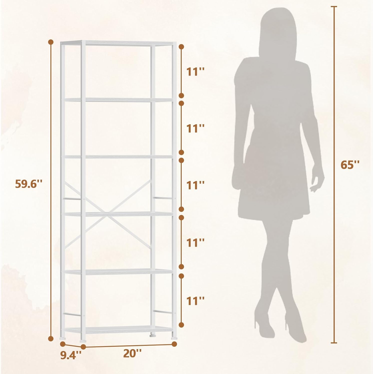 Qwatto 6 Tier Bookshelf Tall Wide Wood and Metal Open Bookcase Modern Storage Organizer Display Shelving Unit White Furniture Living Room Home Office