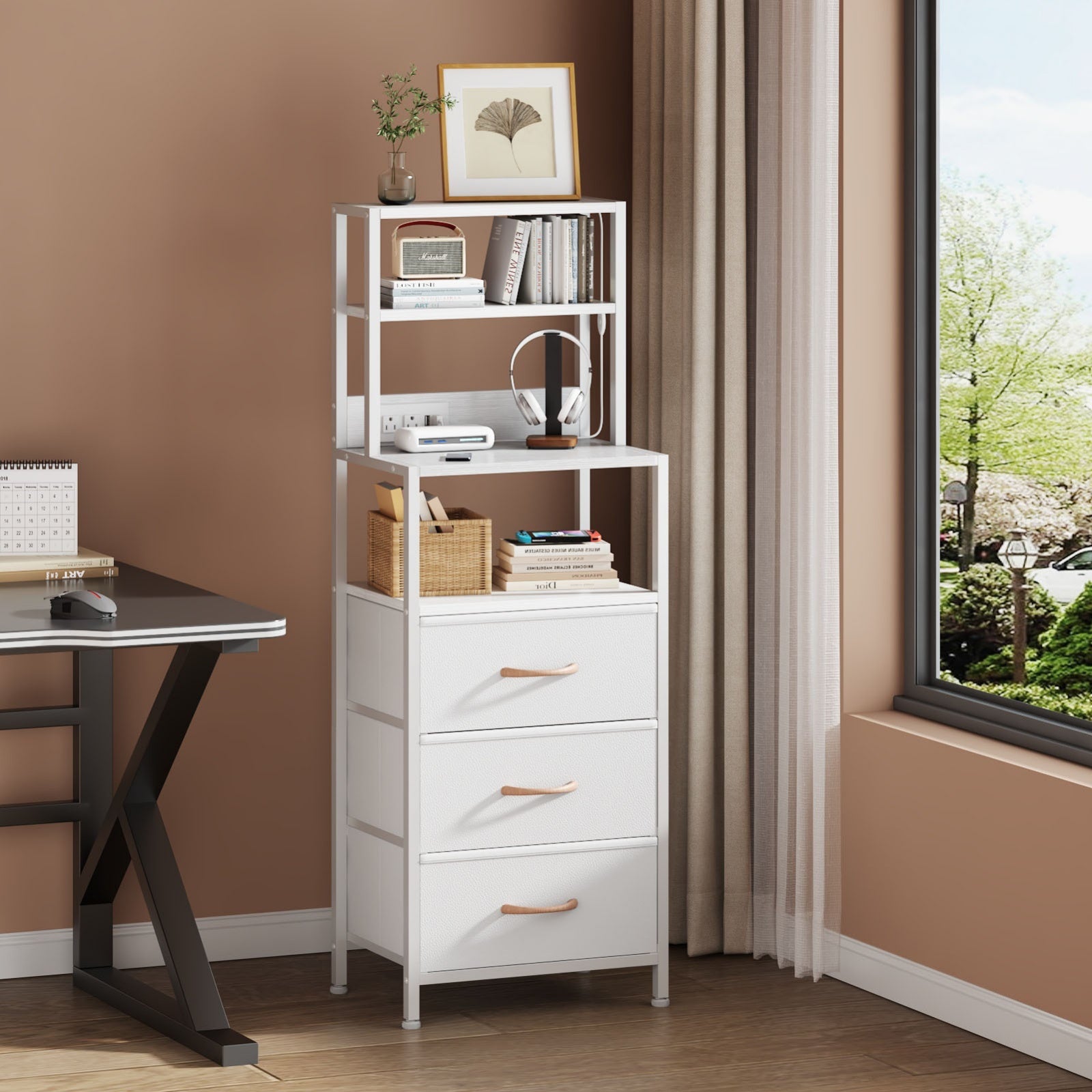 Furnulem Night Stand, Tall Nightstand with 4-Tier Shelves and 3 Fabric Drawers