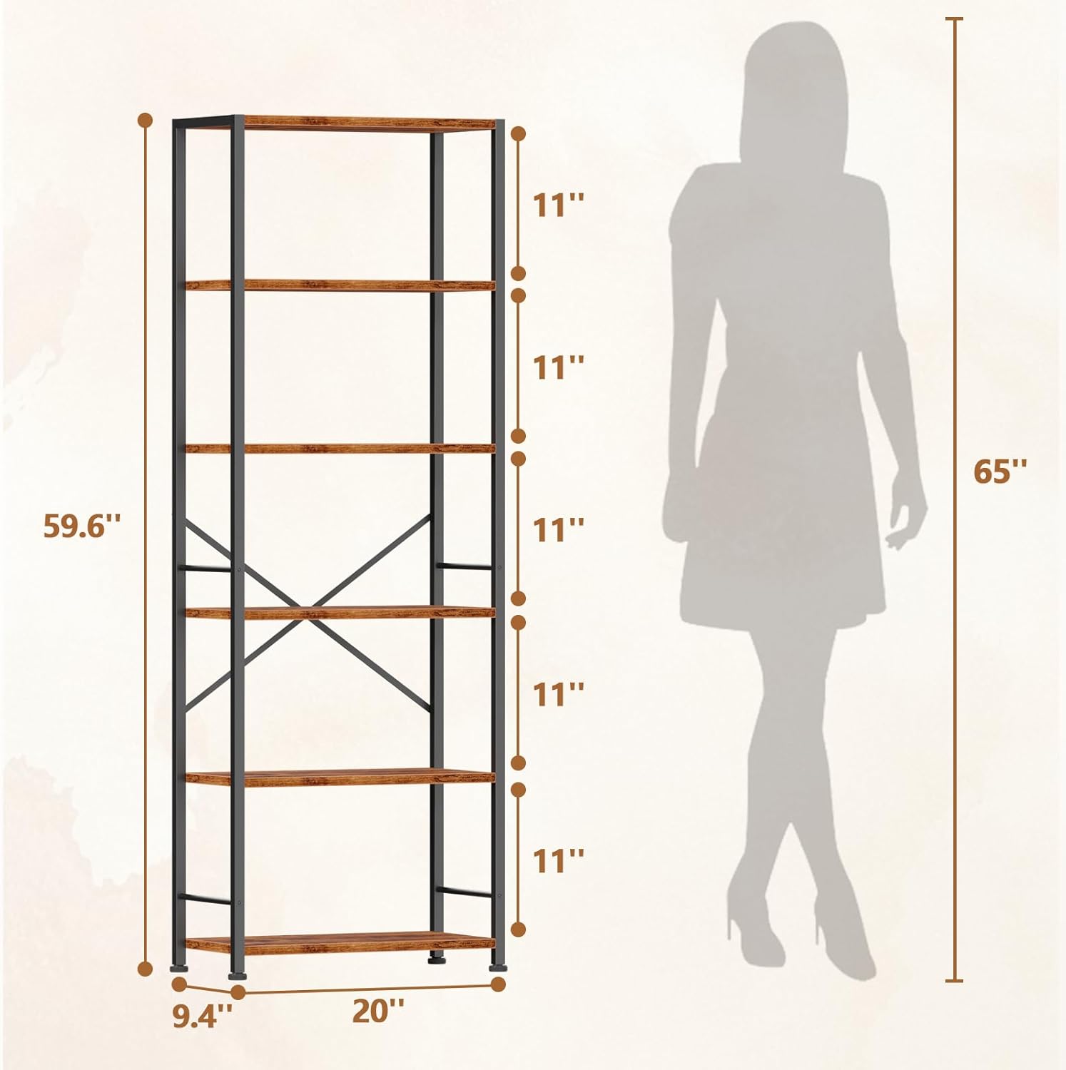 Qwatto Brown 6 Tier Tall Wide Bookshelf Industrial Wood Metal Freestanding Open Display Shelving Unit Storage Organizer Etagere Bookcase Home Office