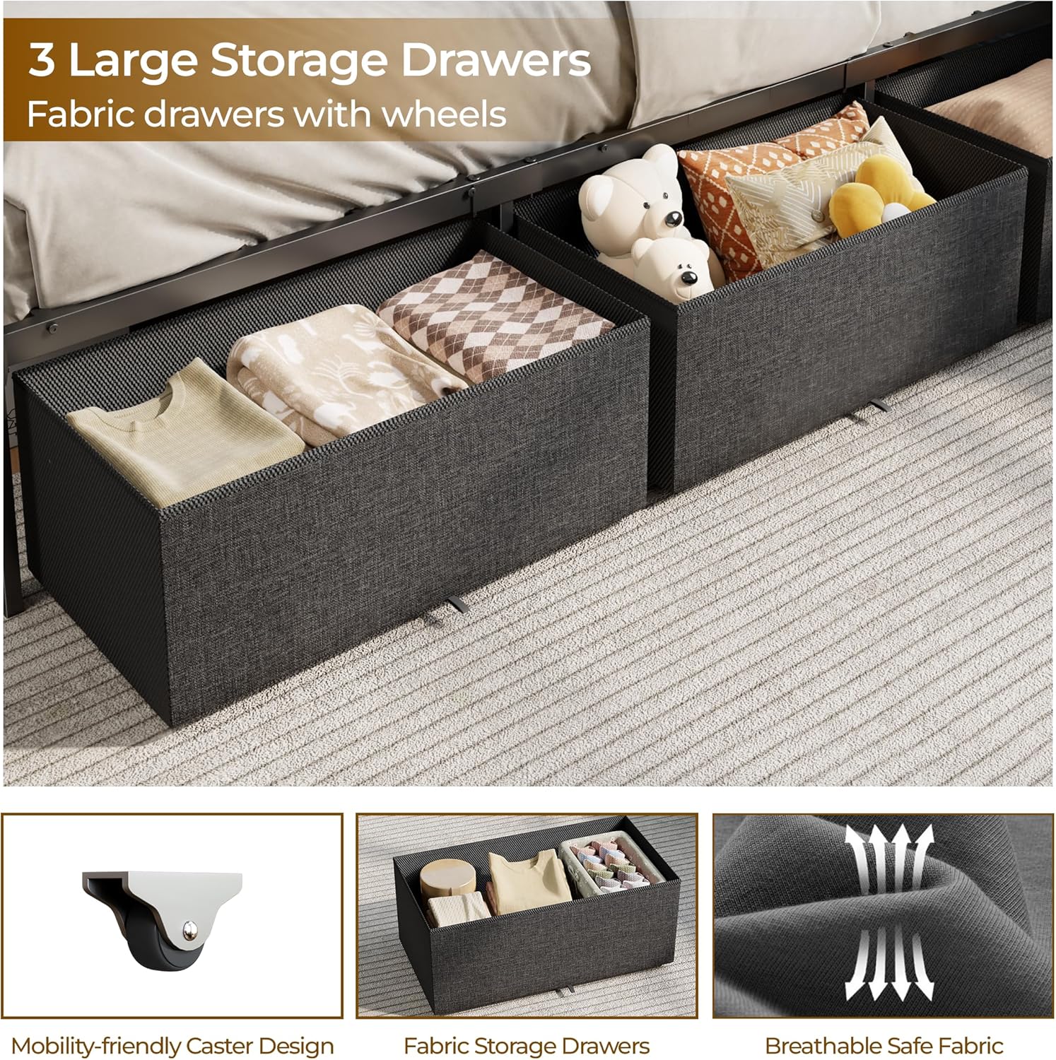 Corner Bed Frame with Storage Bookcase and LED Lights, Twin Size Bed Frames with Upholstered Headboard and Charging Station bed with 3 Storage Drawers