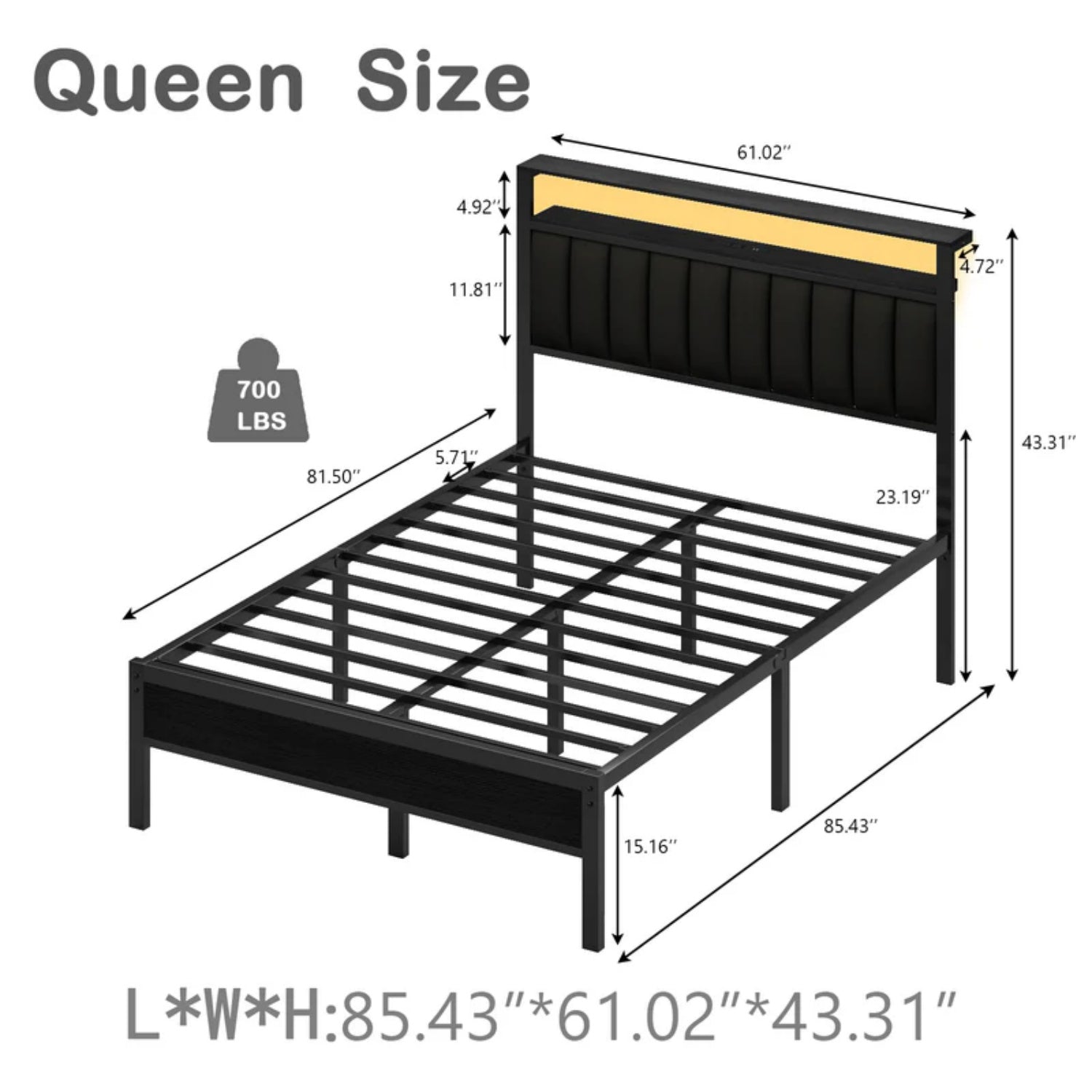 Furnulem Bed Frame with Charging Station, LED Lights & Storage Shelves – Metal Slats, No Box Spring